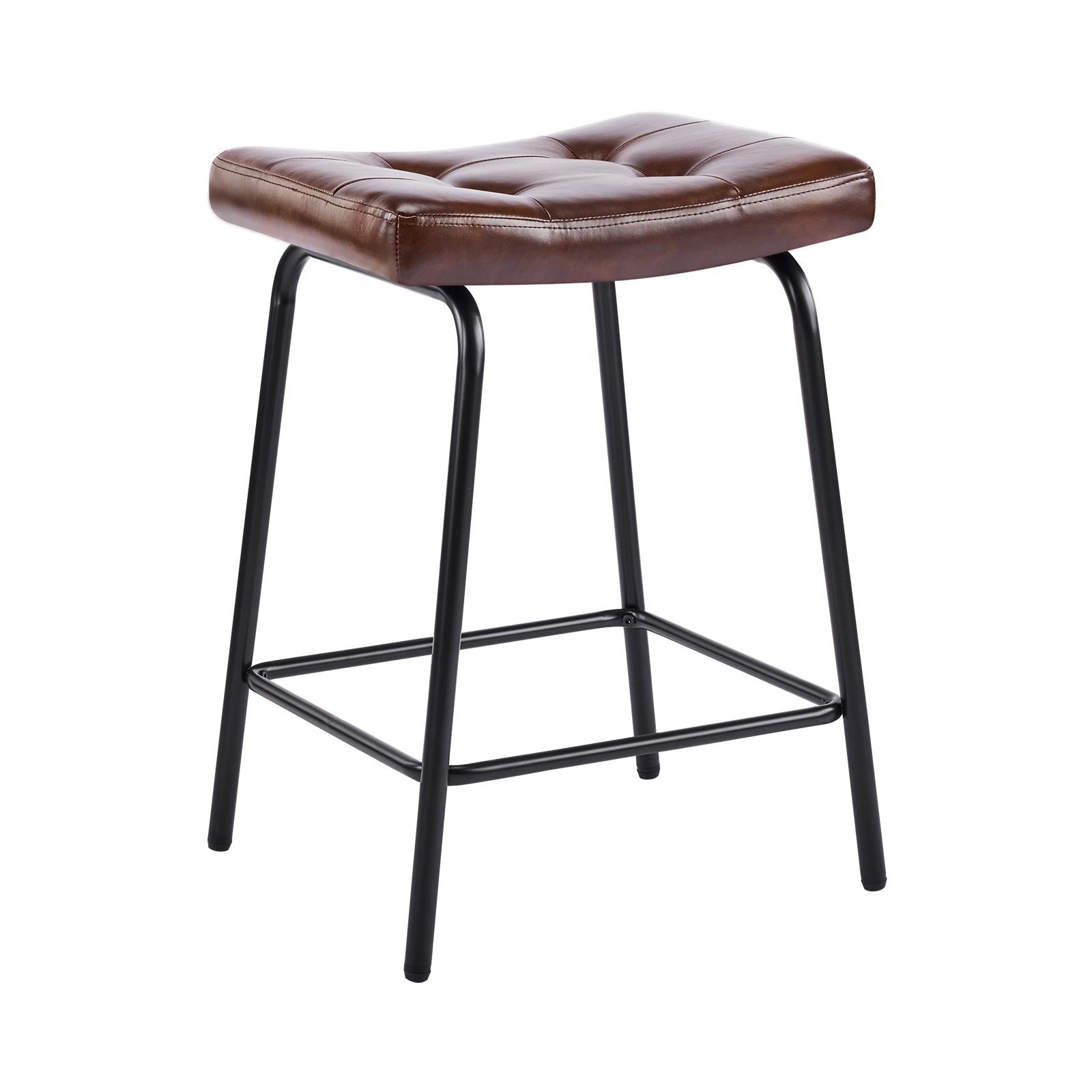 Set of Two 25" Dark Brown and Black Faux Leather and Metal Counter Height Bar Chairs
