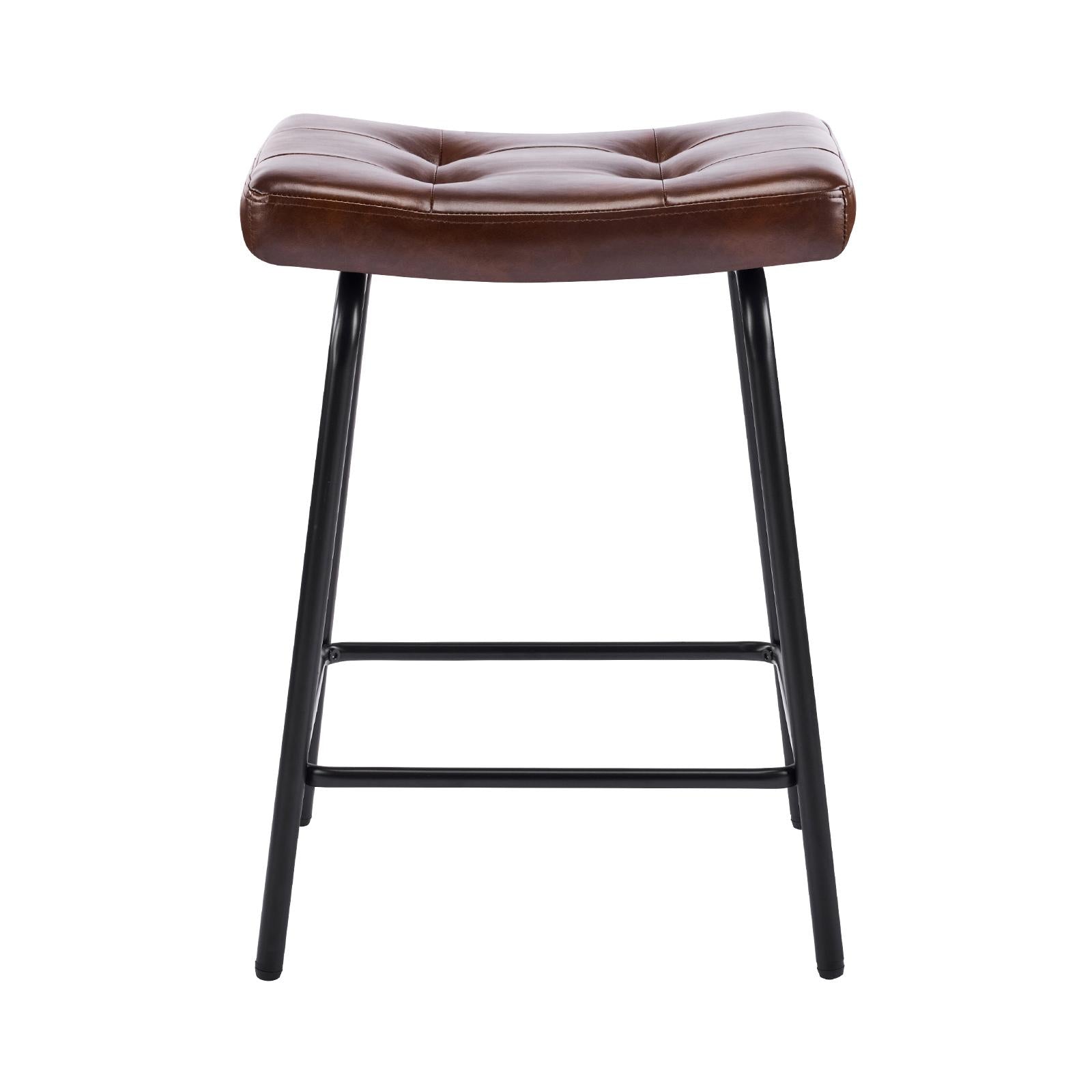 Set of Two 25" Dark Brown and Black Faux Leather and Metal Counter Height Bar Chairs