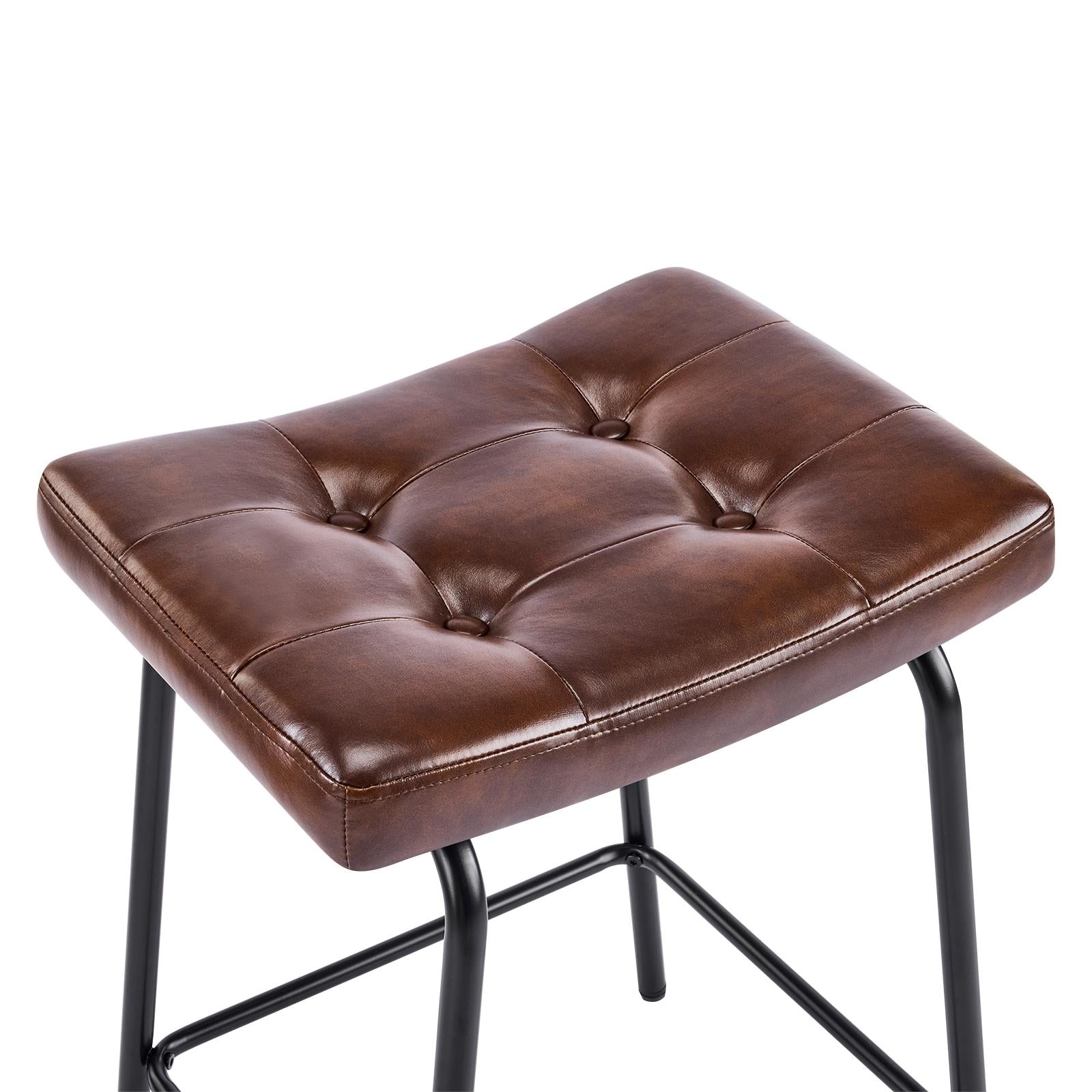 Set of Two 25" Dark Brown and Black Faux Leather and Metal Counter Height Bar Chairs