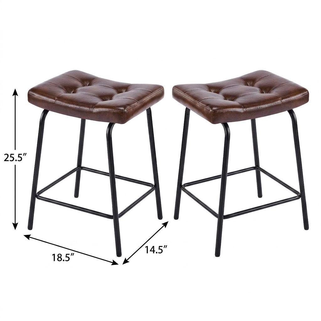 Set of Two 25" Dark Brown and Black Faux Leather and Metal Counter Height Bar Chairs