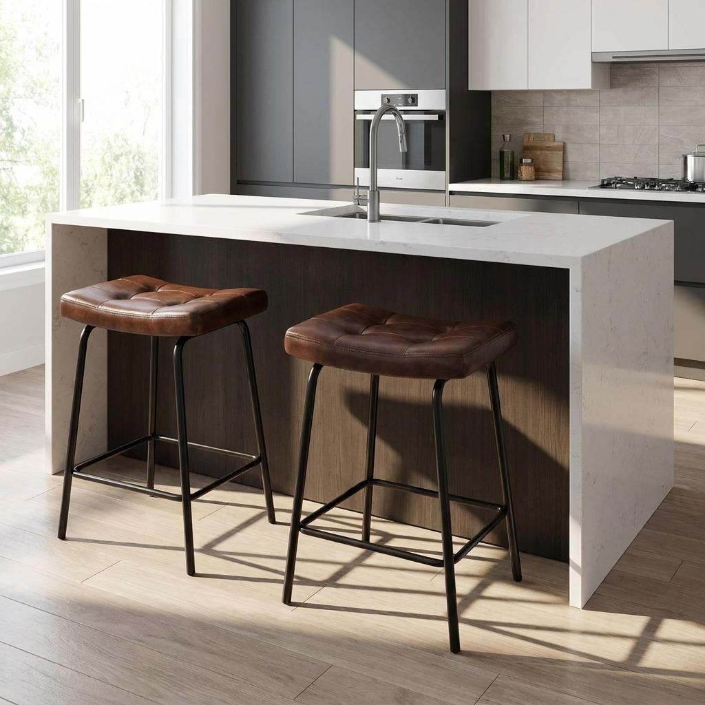 Set of Two 25" Dark Brown and Black Faux Leather and Metal Counter Height Bar Chairs
