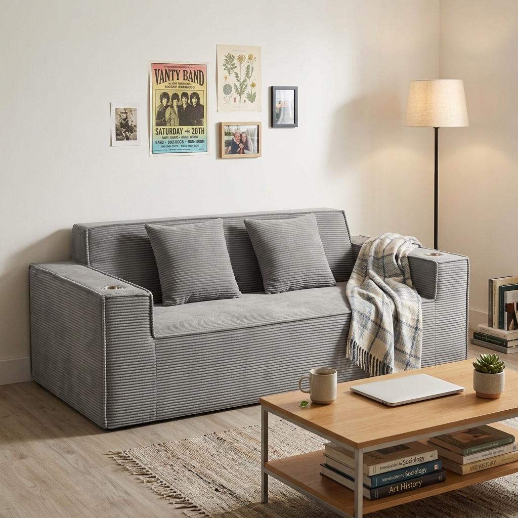 76" Gray Corduroy Ribbed Sofa With Toss Pillows