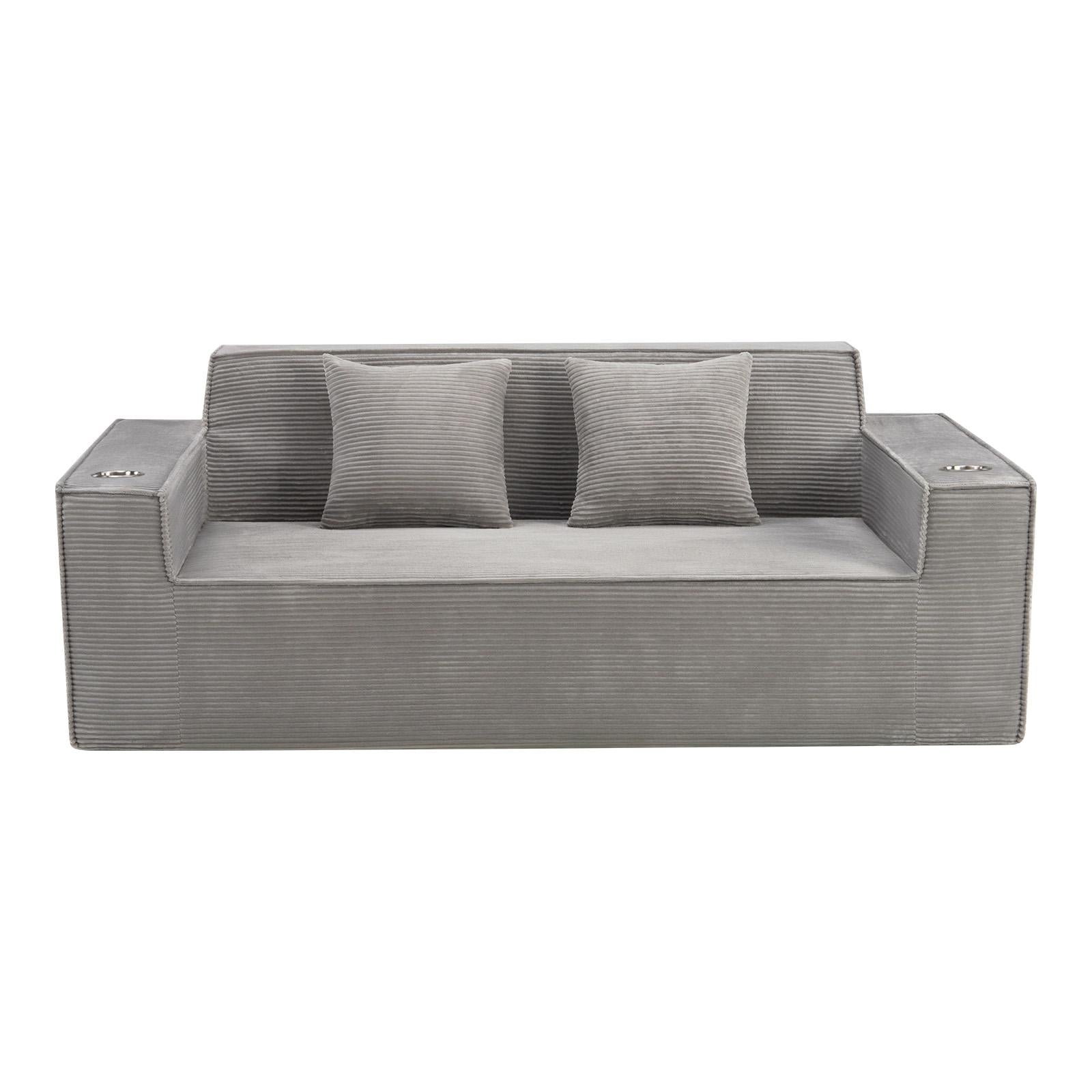 76" Gray Corduroy Ribbed Sofa With Toss Pillows