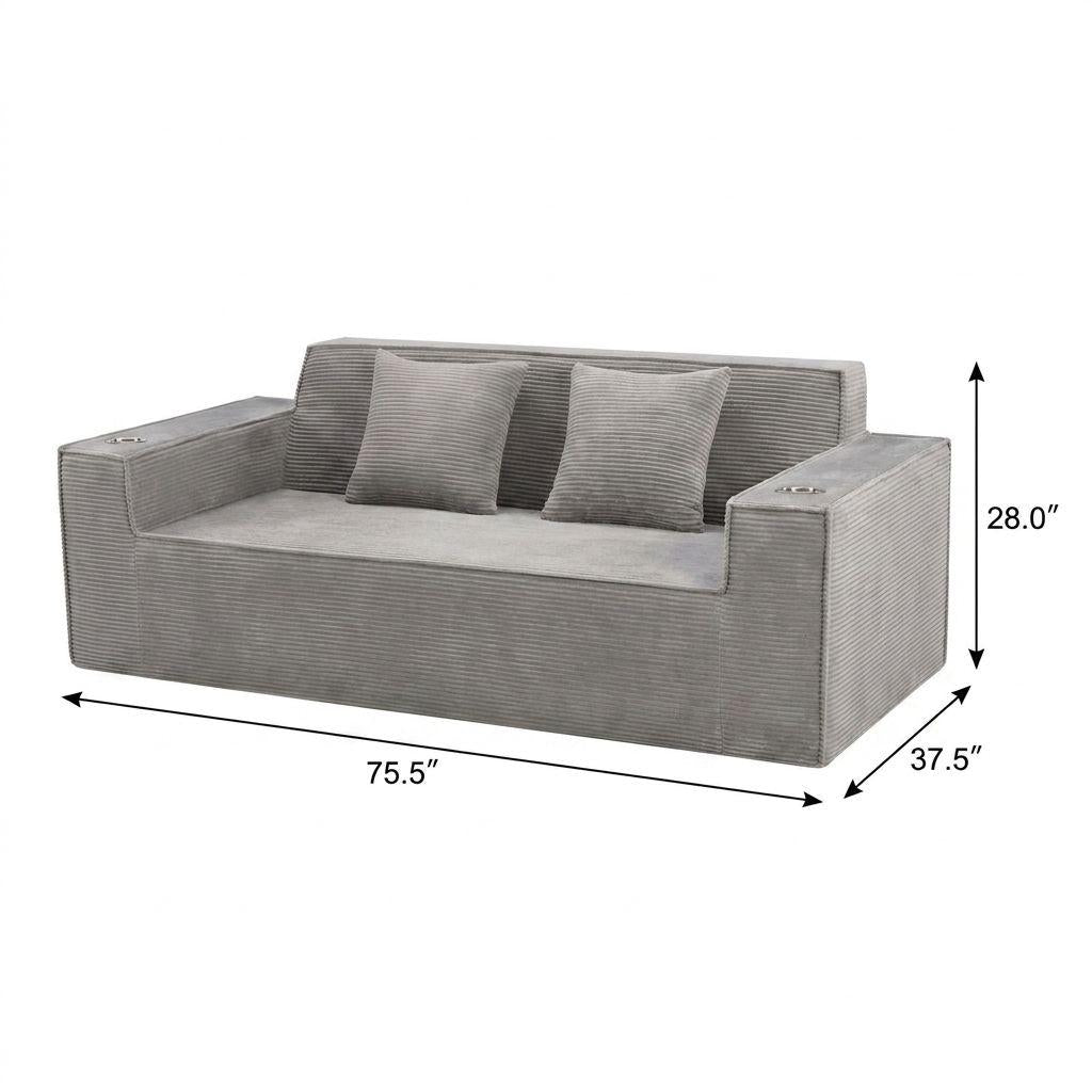 76" Gray Corduroy Ribbed Sofa With Toss Pillows