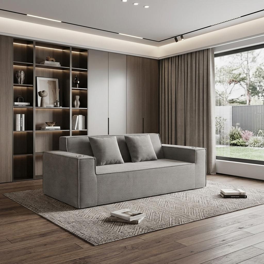 76" Gray Corduroy Ribbed Sofa With Toss Pillows