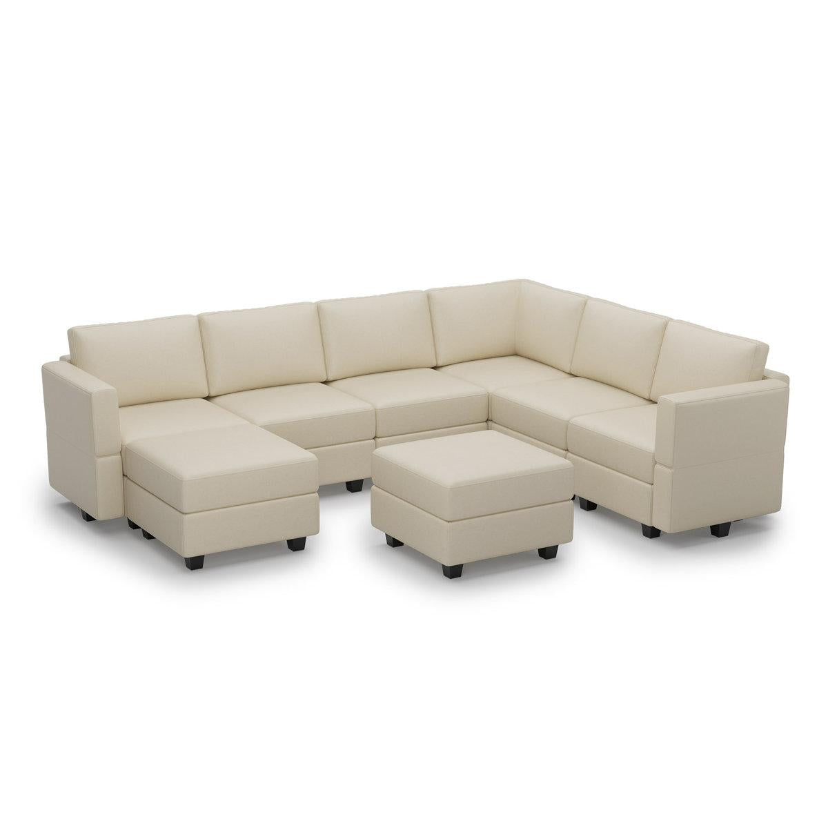 Beige Faux Leather Modular Eight Piece Storage Sectional With Ottomans