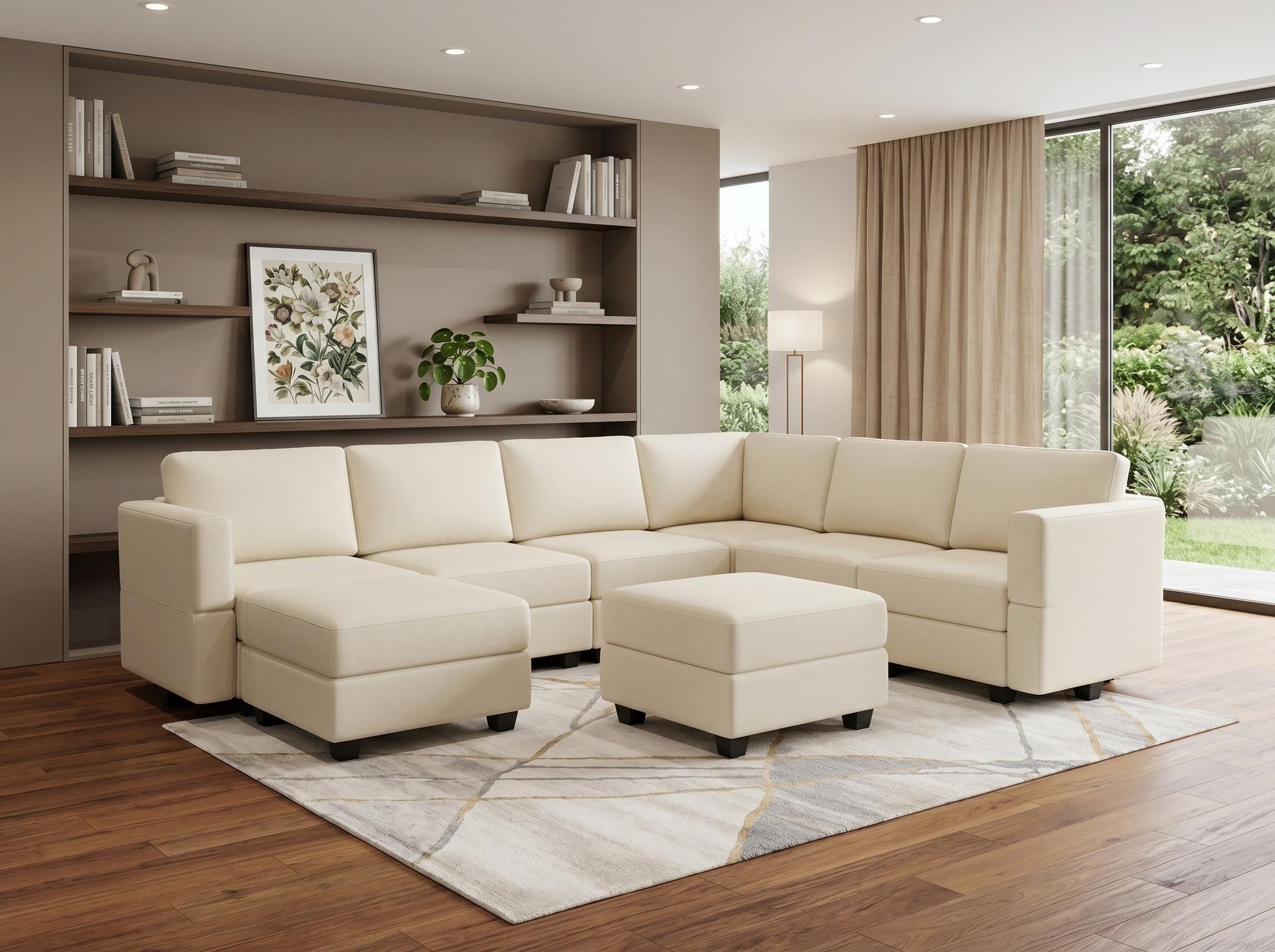 Beige Faux Leather Modular Eight Piece Storage Sectional With Ottomans