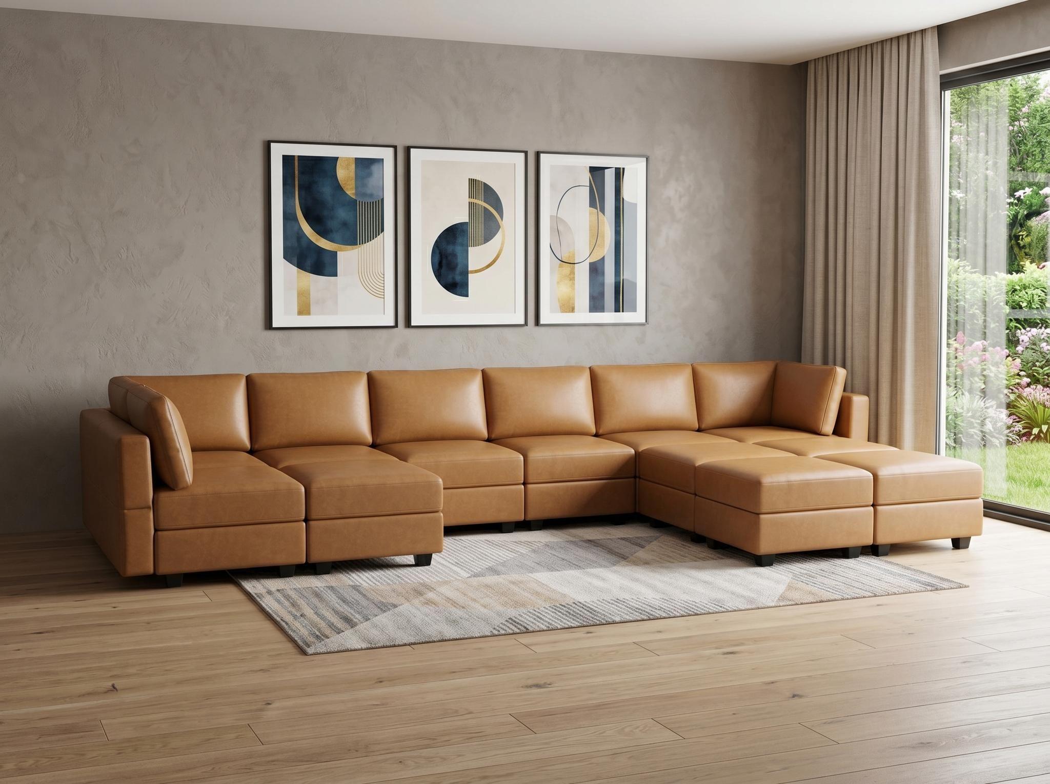 Brown Faux Leather Modular Twelve Piece Storage Sectional With Ottomans