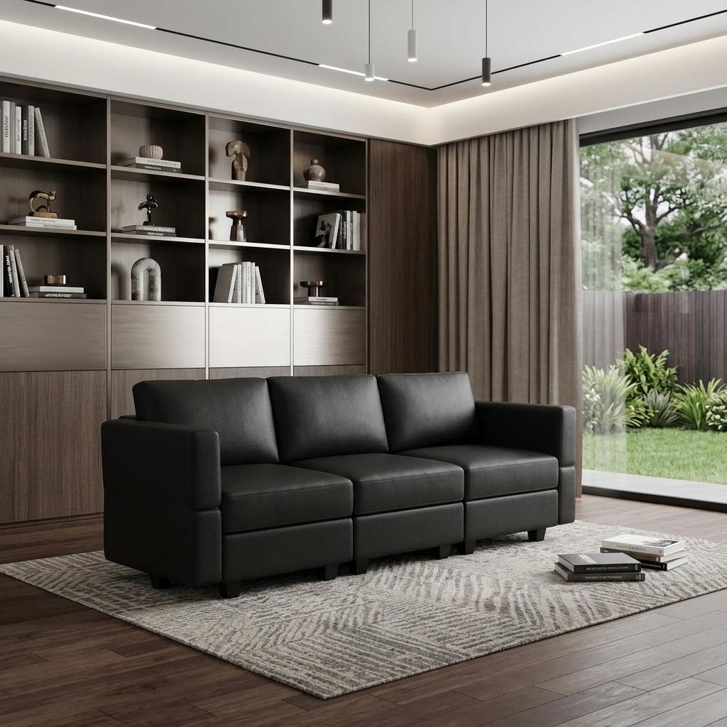 79" Black Faux Leather Modular Sofa And Storage