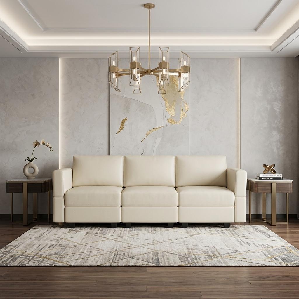 79" Beige Faux Leather Modular Sofa And Storage