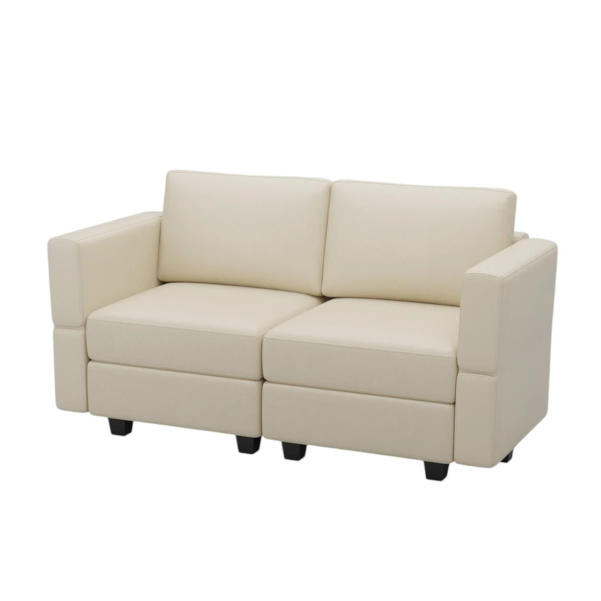 64" Beige Faux Leather Loveseat With Storage
