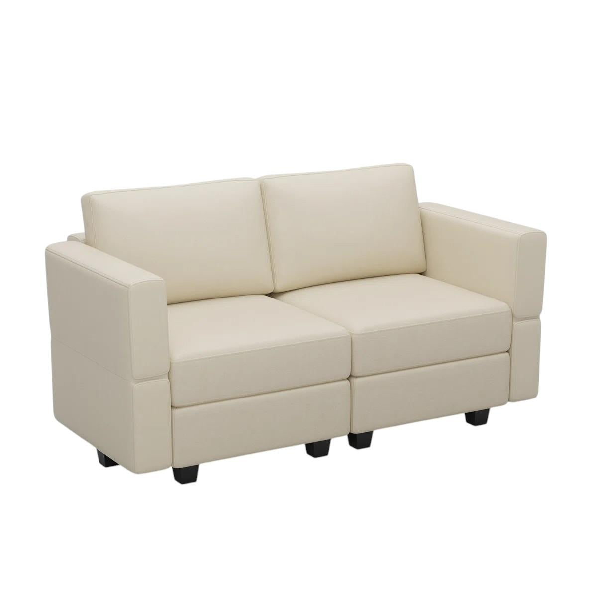 64" Beige Faux Leather Loveseat With Storage