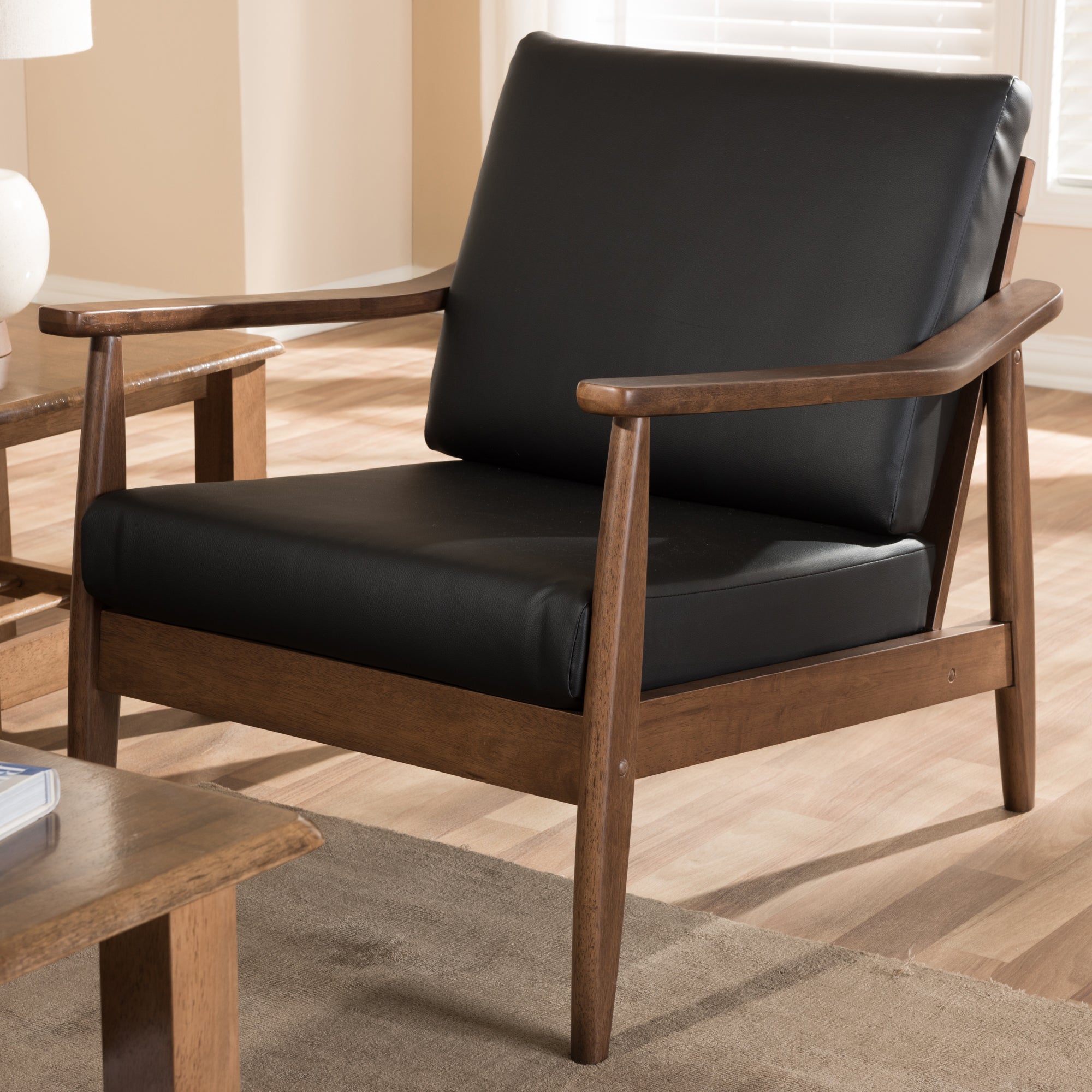 Baxton Studio Venza Mid-Century Modern Walnut Wood Black Faux Leather Lounge Chair
