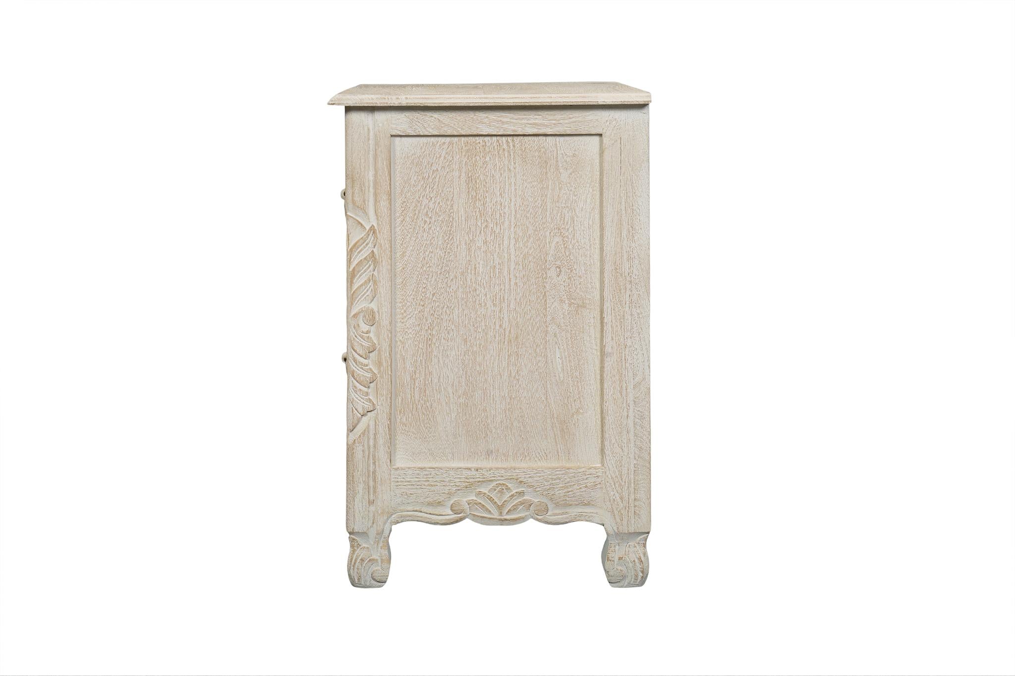 27" White Solid Wood Square Distressed Carved Floral Two Drawer Nightstand