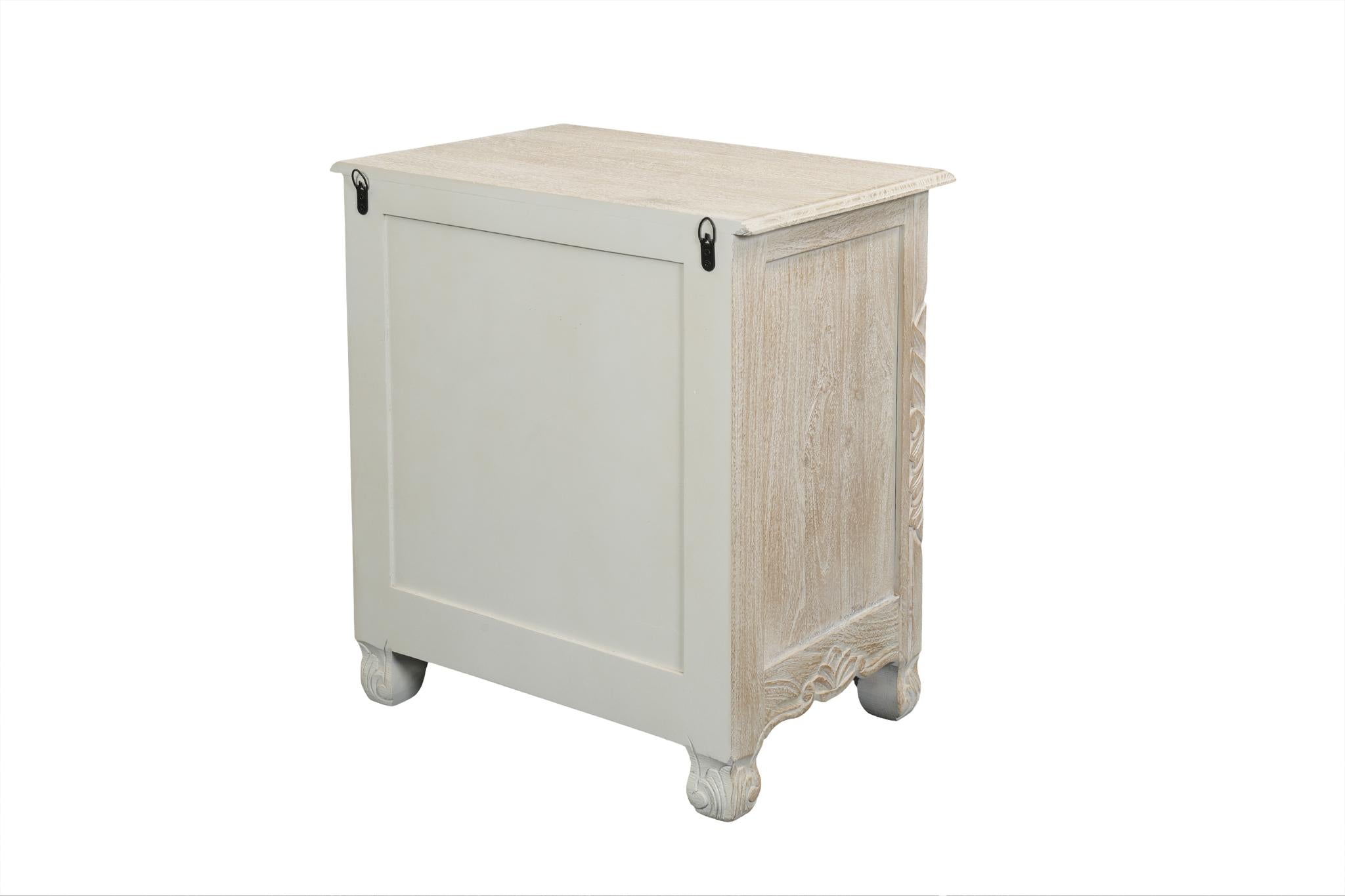 27" White Solid Wood Square Distressed Carved Floral Two Drawer Nightstand
