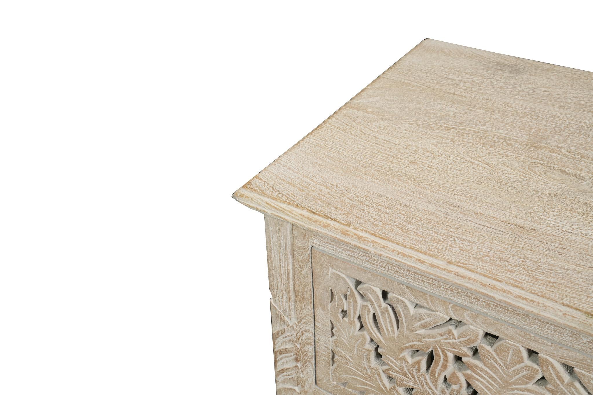 27" White Solid Wood Square Distressed Carved Floral Two Drawer Nightstand