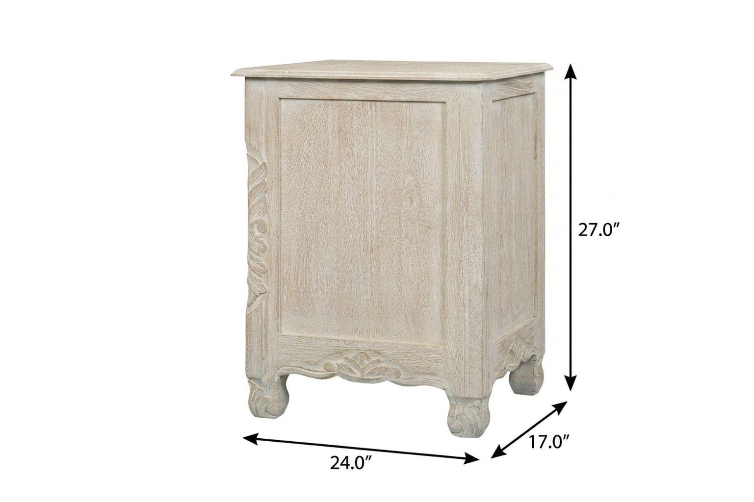 27" White Solid Wood Square Distressed Carved Floral Two Drawer Nightstand