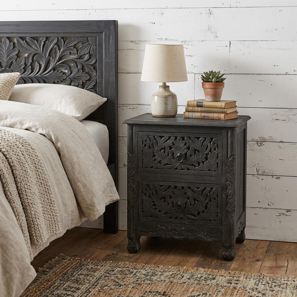 27" Black Solid Wood Square Distressed Carved Floral Two Drawer Nightstand