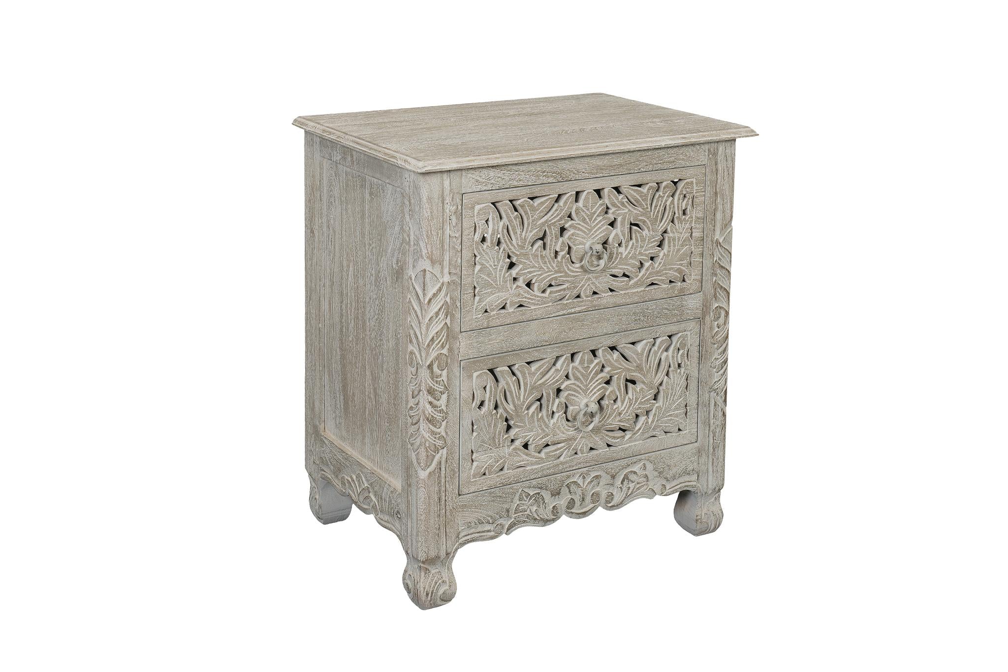 27" Gray Solid Wood Square Distressed Carved Floral Two Drawer Nightstand