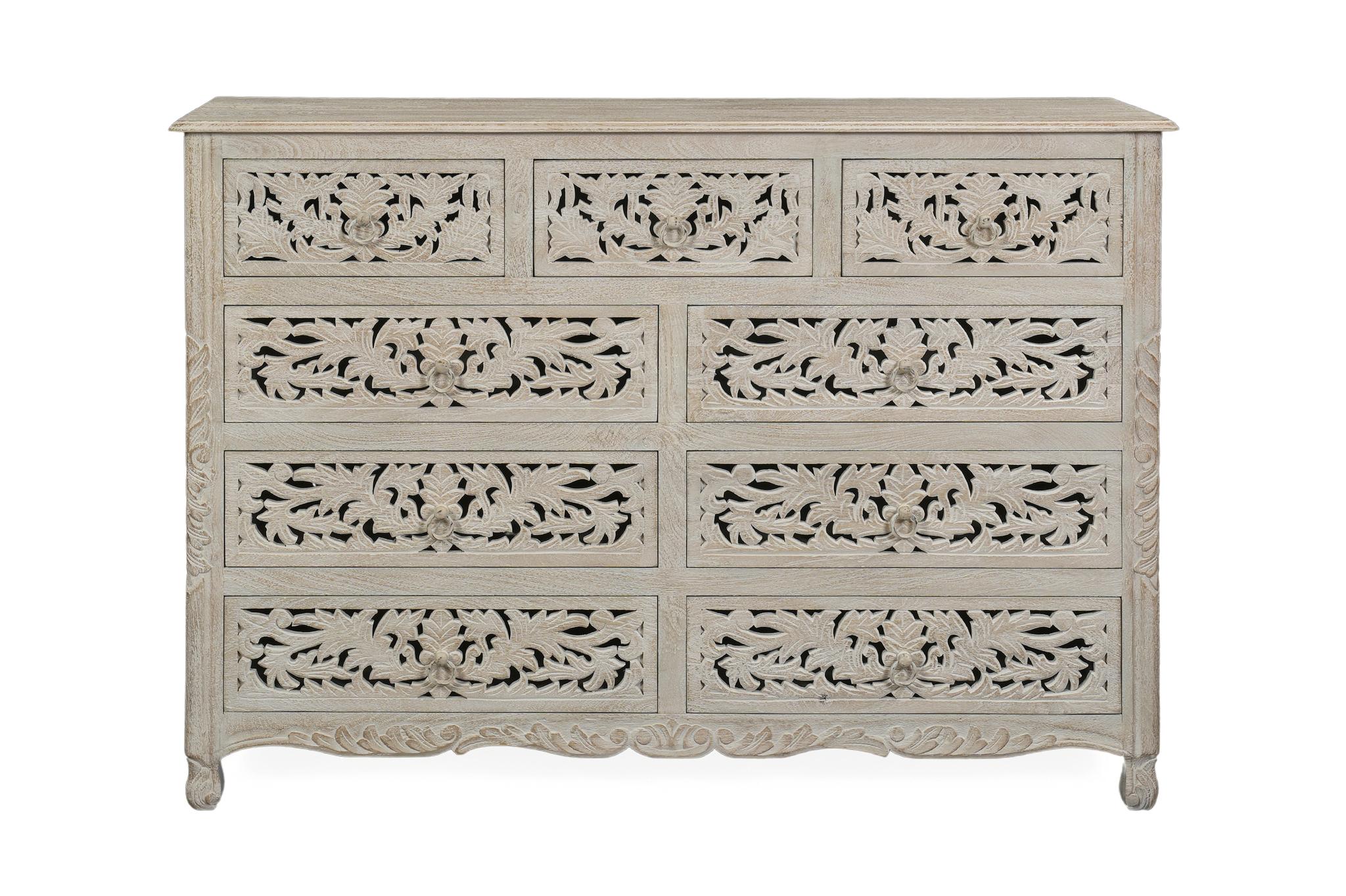 57" White Carved Floral Solid Wood Nine Drawer Dresser