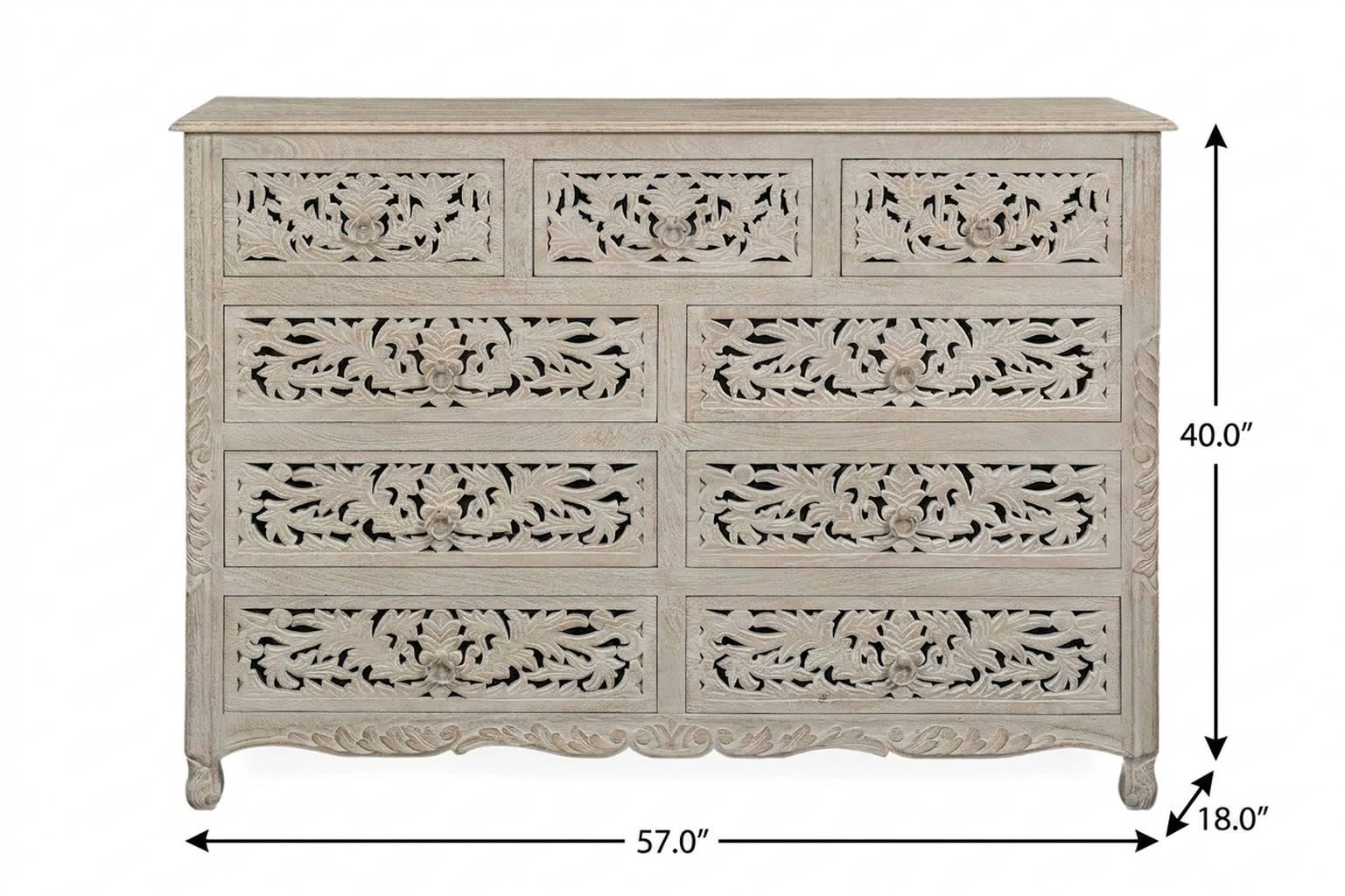 57" White Carved Floral Solid Wood Nine Drawer Dresser