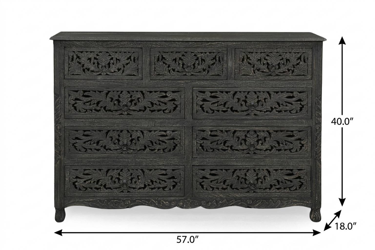 57" Black Carved Floral Solid Wood Nine Drawer Dresser