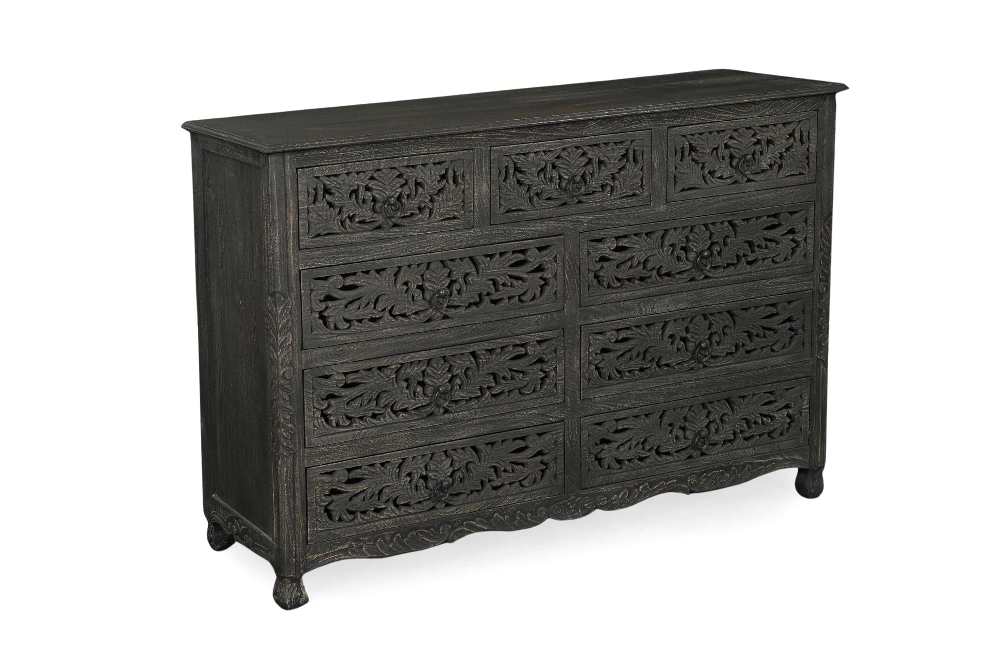 57" Black Carved Floral Solid Wood Nine Drawer Dresser