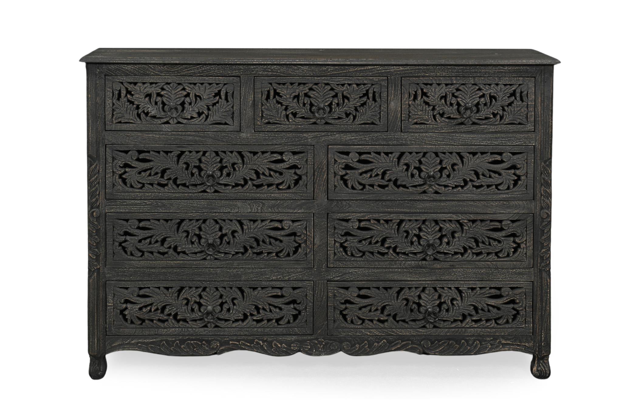 57" Black Carved Floral Solid Wood Nine Drawer Dresser