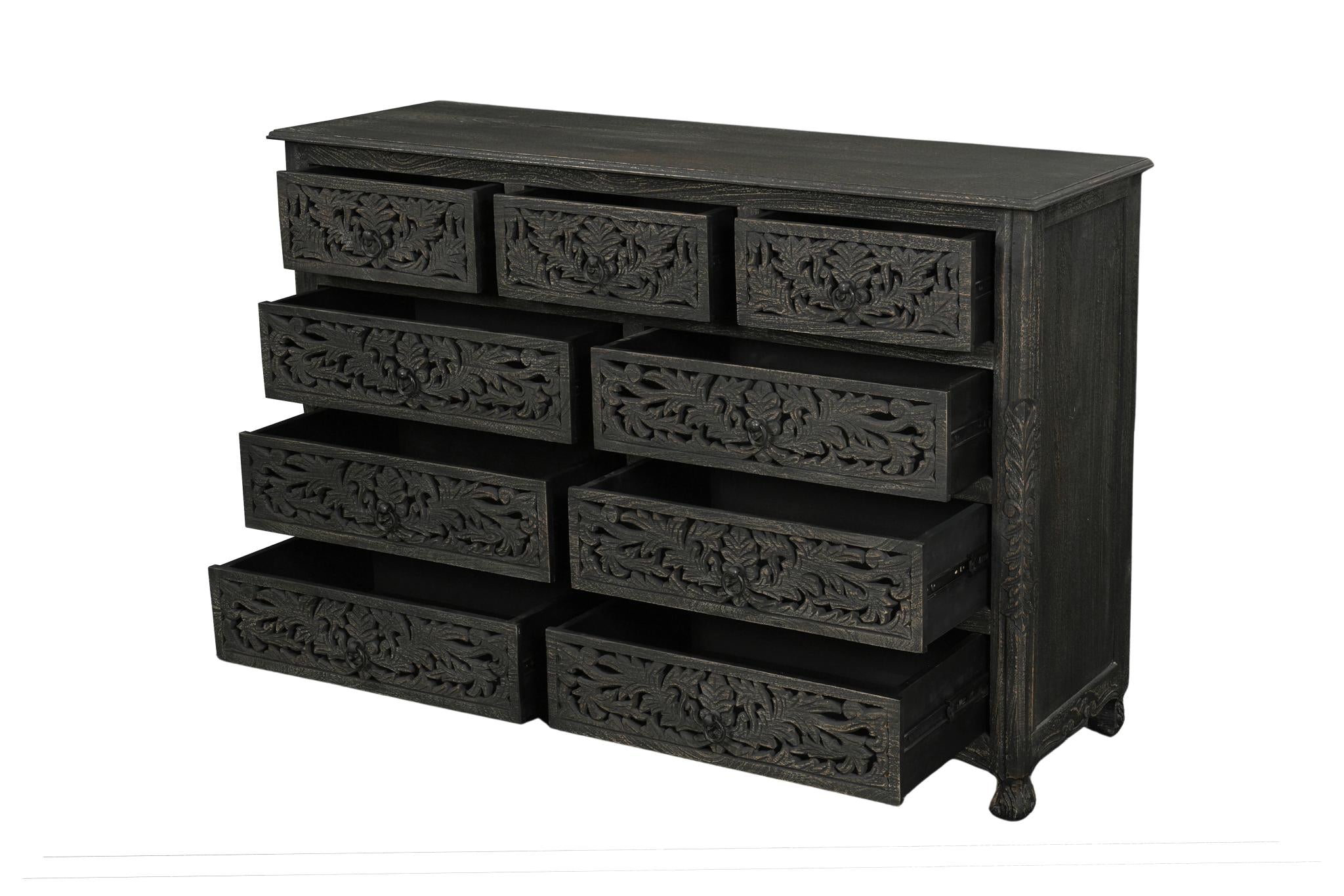 57" Black Carved Floral Solid Wood Nine Drawer Dresser