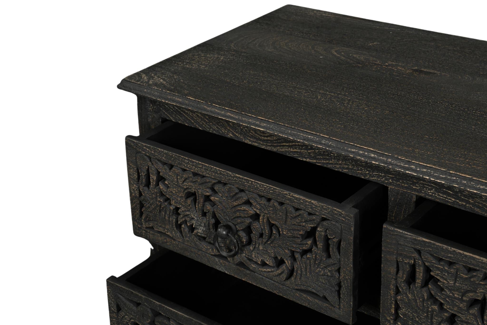 57" Black Carved Floral Solid Wood Nine Drawer Dresser