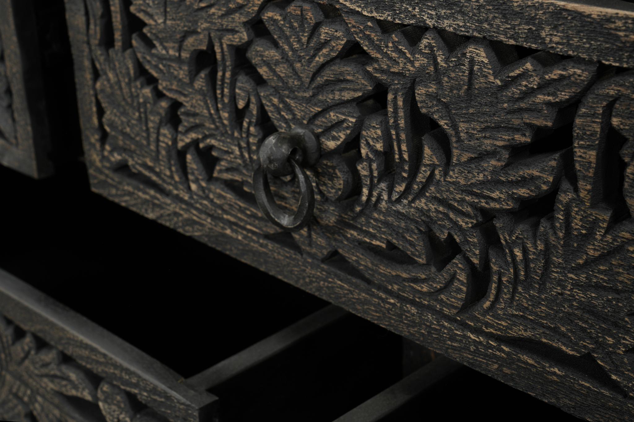 57" Black Carved Floral Solid Wood Nine Drawer Dresser