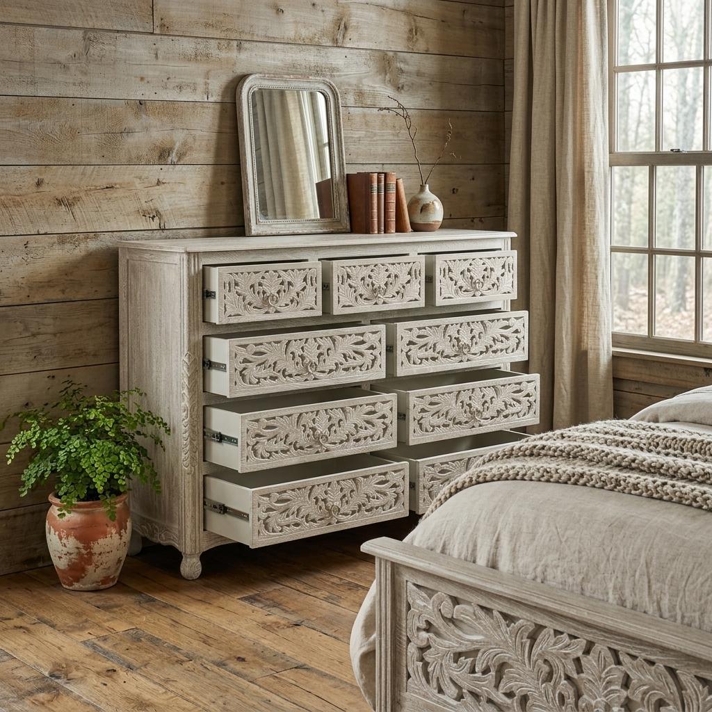 57" Gray Carved Floral Solid Wood Nine Drawer Dresser