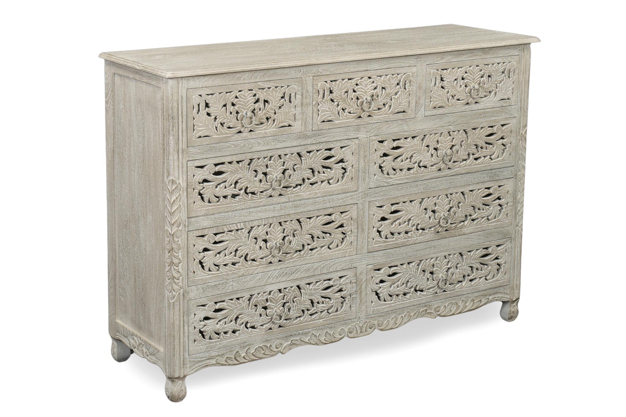 57" Gray Carved Floral Solid Wood Nine Drawer Dresser