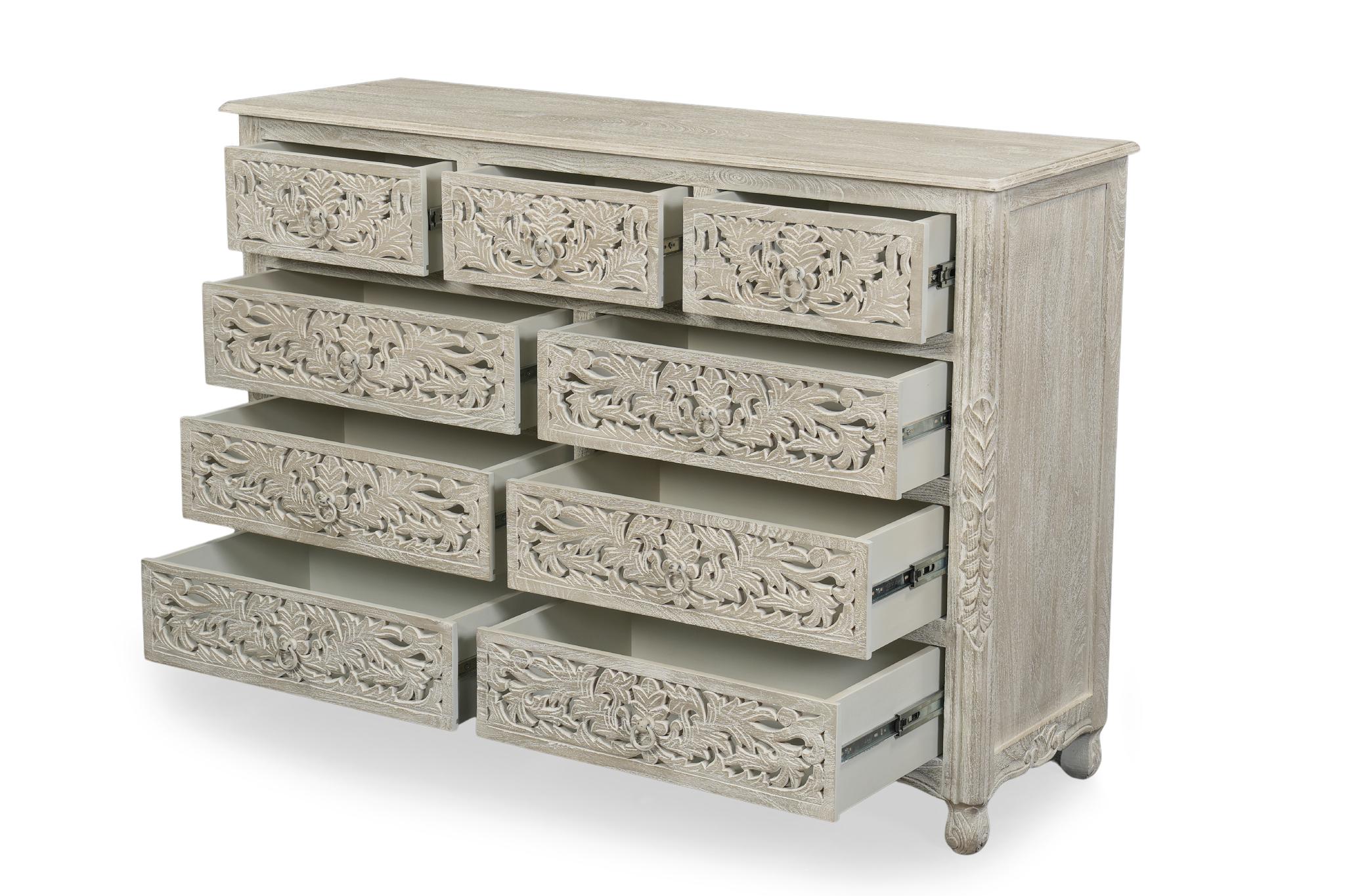 57" Gray Carved Floral Solid Wood Nine Drawer Dresser