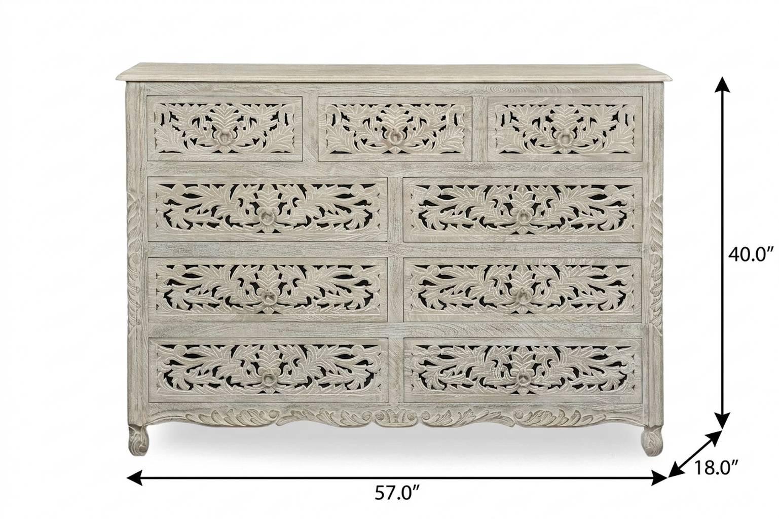 57" Gray Carved Floral Solid Wood Nine Drawer Dresser