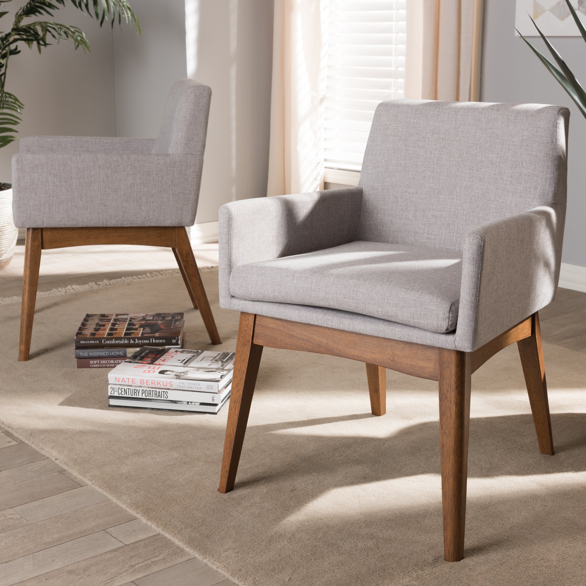 Baxton Studio Nexus Mid-Century Modern Walnut Wood Finishing Greyish Beige Fabric Dining Armchair