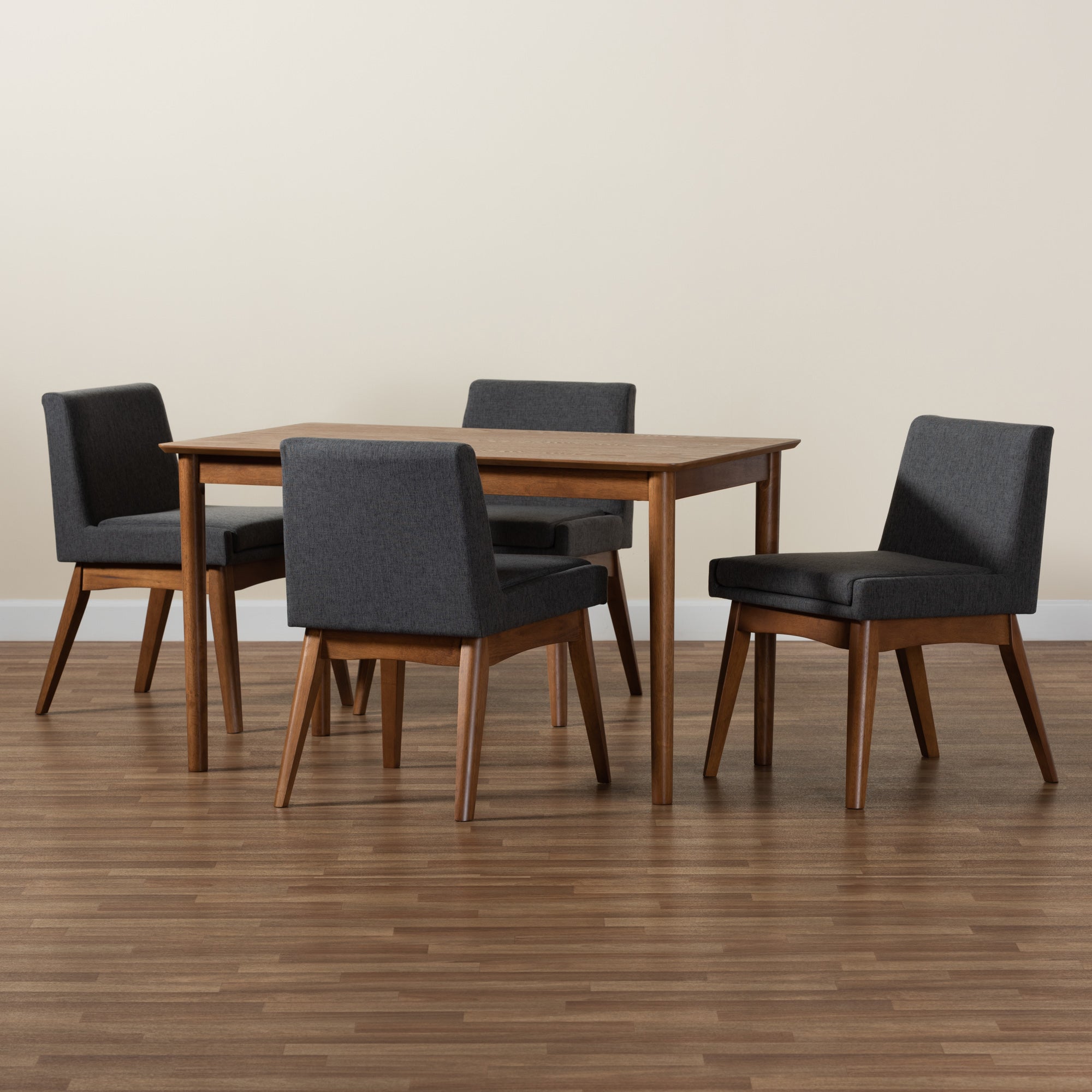 Baxton Studio Nexus Mid-Century Modern Dark Grey Fabric Upholstered and Walnut Brown Finished Wood 5-Piece Dining Set