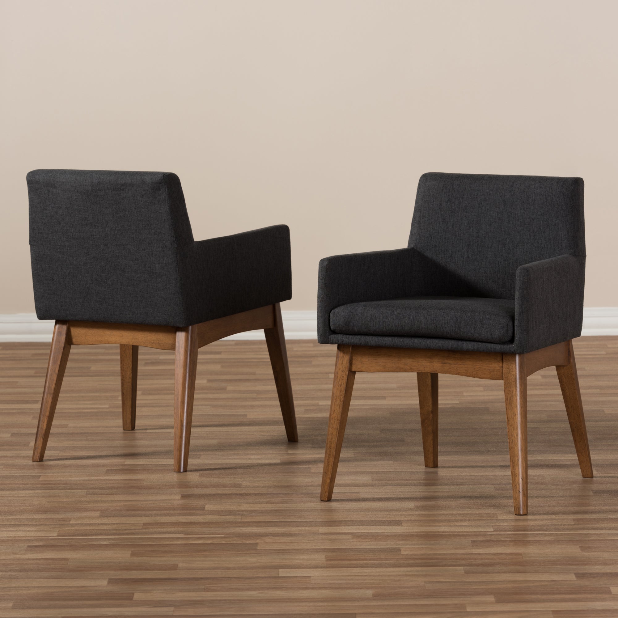 Baxton Studio Nexus Mid-Century Modern Walnut Wood Finishing Dark Grey Fabric Dining Armchair