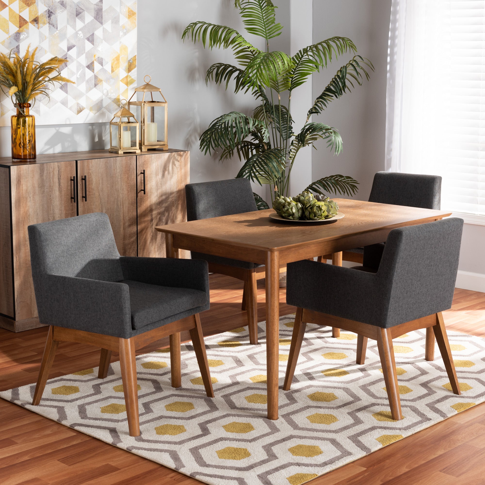 Baxton Studio Dorina Mid-Century Modern Dark Grey Fabric Upholstered and Walnut Brown Finished Wood 5-Piece Dining Set
