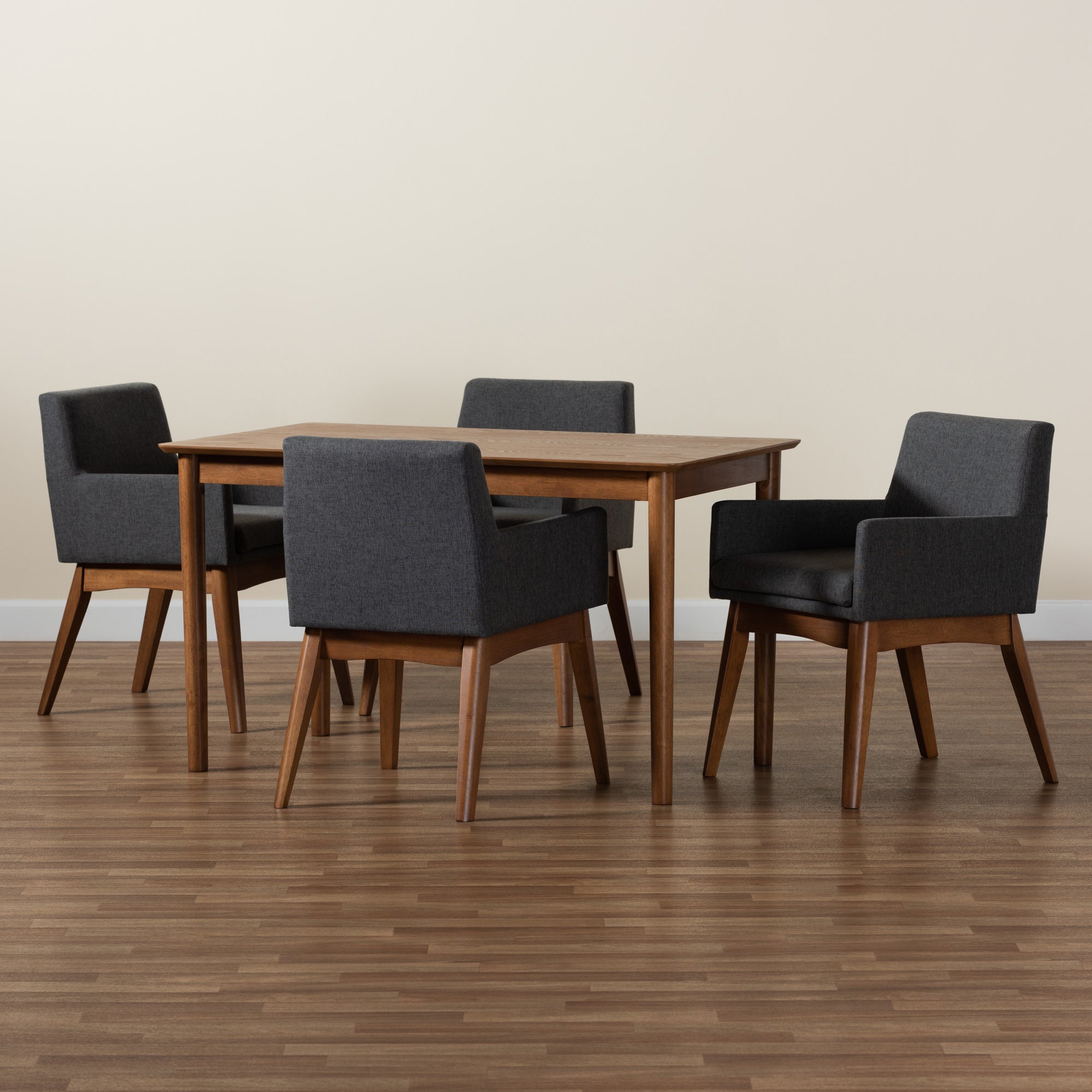 Baxton Studio Dorina Mid-Century Modern Dark Grey Fabric Upholstered and Walnut Brown Finished Wood 5-Piece Dining Set