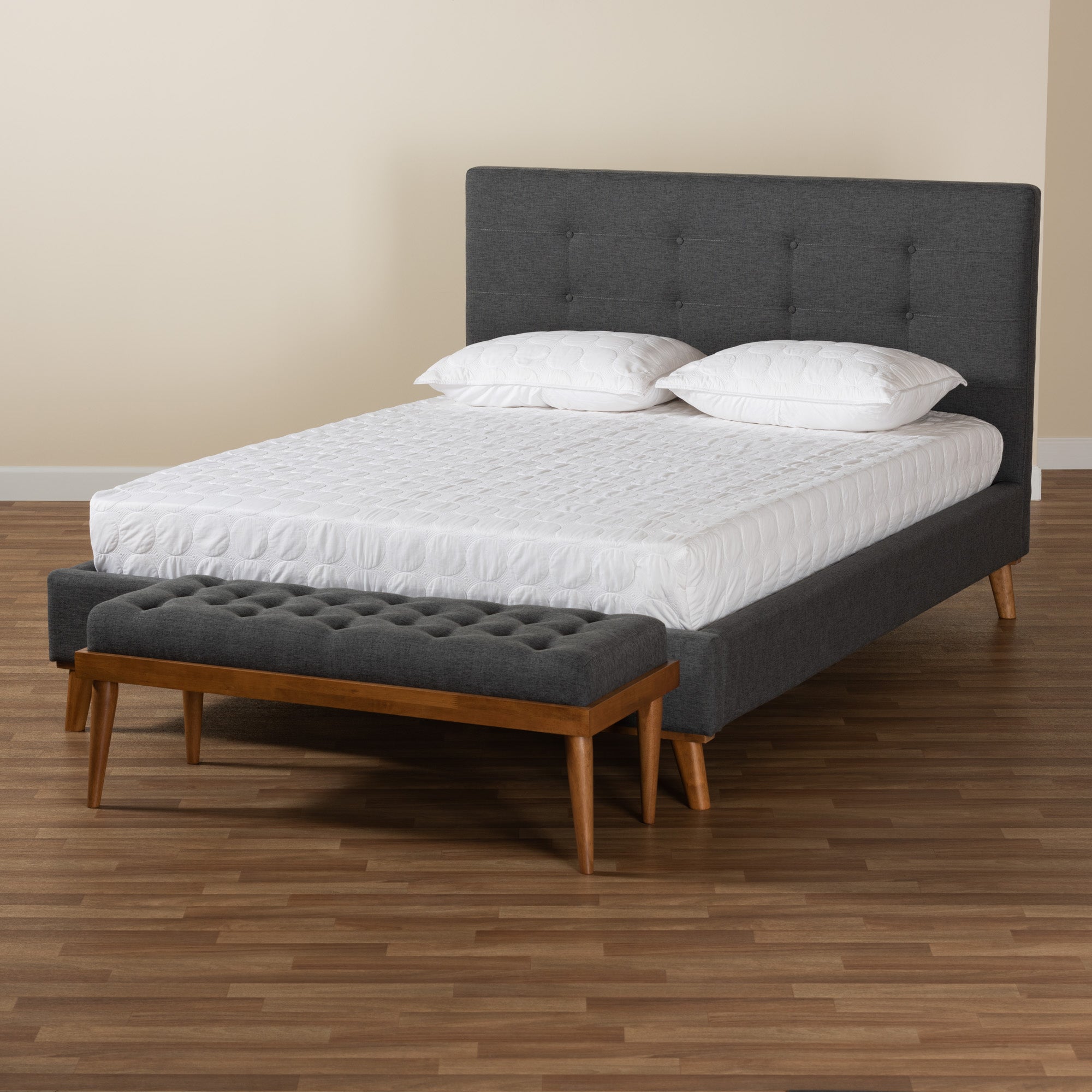 Baxton Studio Valencia Mid-Century Modern Dark Grey Fabric Upholstered Queen Size 2-Piece Bedroom Set