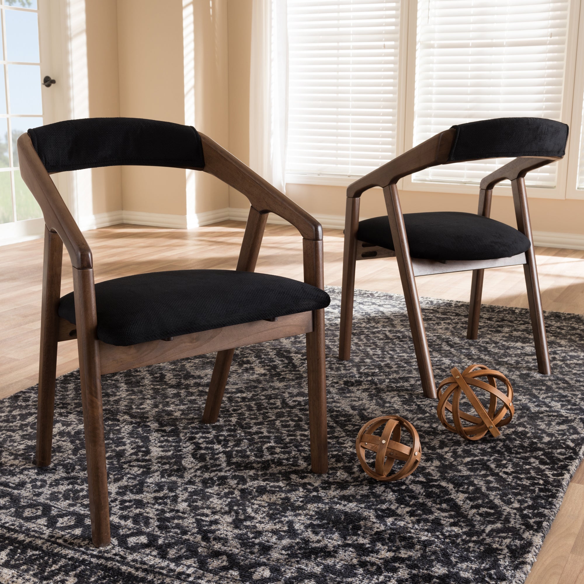Baxton Studio Wendy Mid-Century Modern Black Velvet and "Oak" Medium Brown Wood Finishing Dining Chair Set of 2