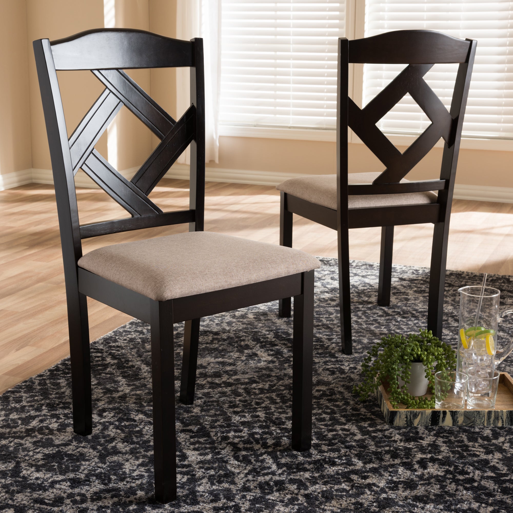 Baxton Studio Ruth Modern and Contemporary Beige Fabric Upholstered and Dark Brown Finished Dining Chair Set of 2