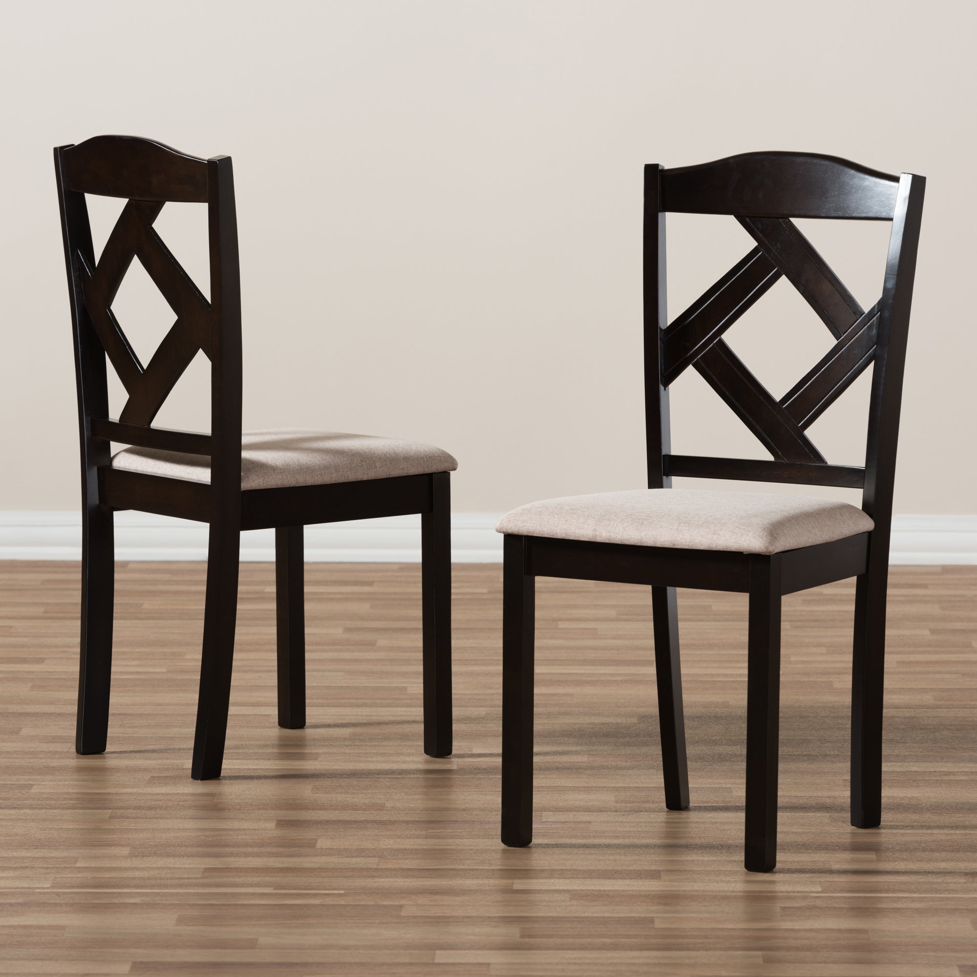 Baxton Studio Ruth Modern and Contemporary Beige Fabric Upholstered and Dark Brown Finished Dining Chair Set of 2