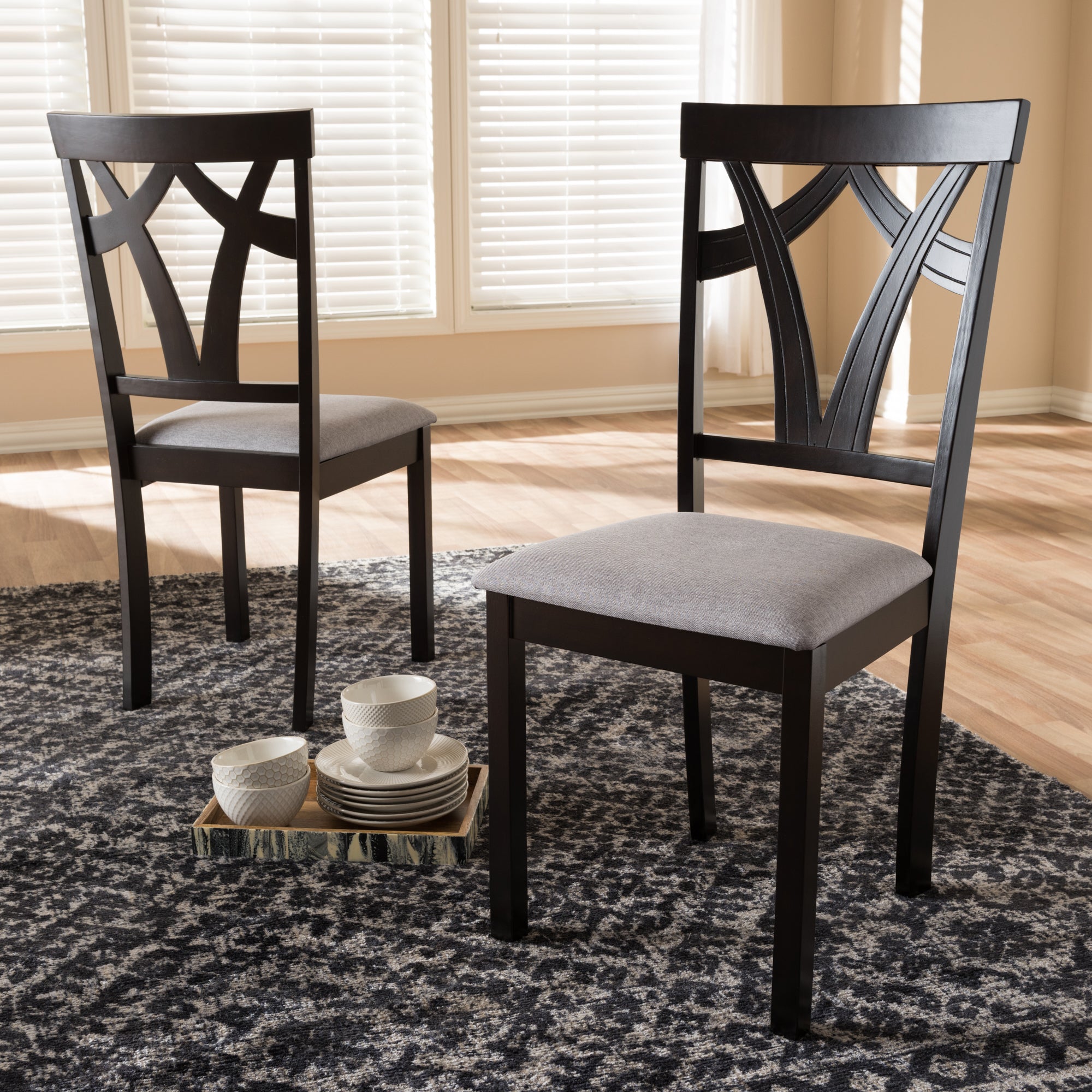 Baxton Studio Sylvia Modern and Contemporary Grey Fabric Upholstered and Dark Brown Finished Dining Chair Set of 2
