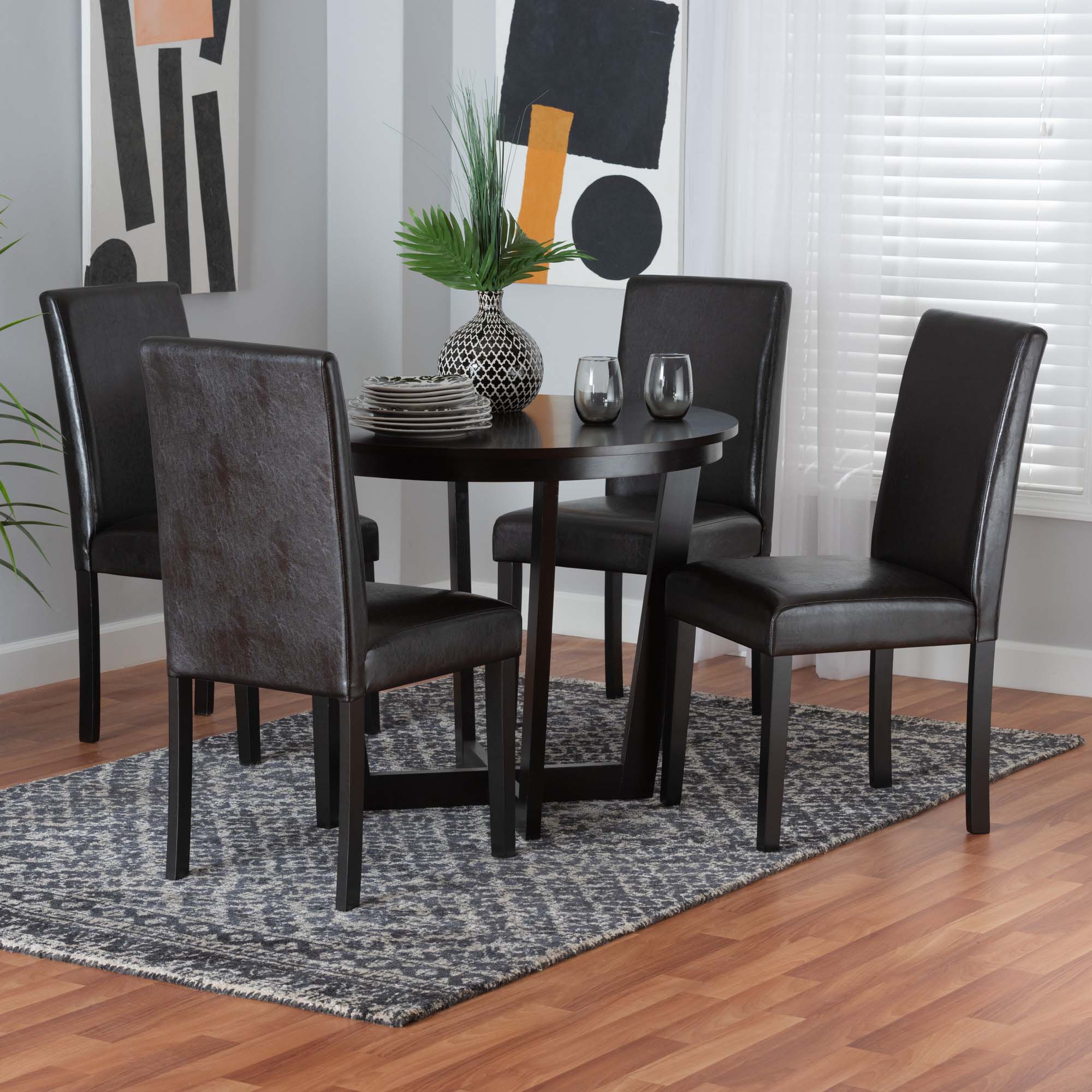 Baxton Studio Bruna Modern Dark Brown Faux Leather and Espresso Brown Finished Wood 5-Piece Dining Set