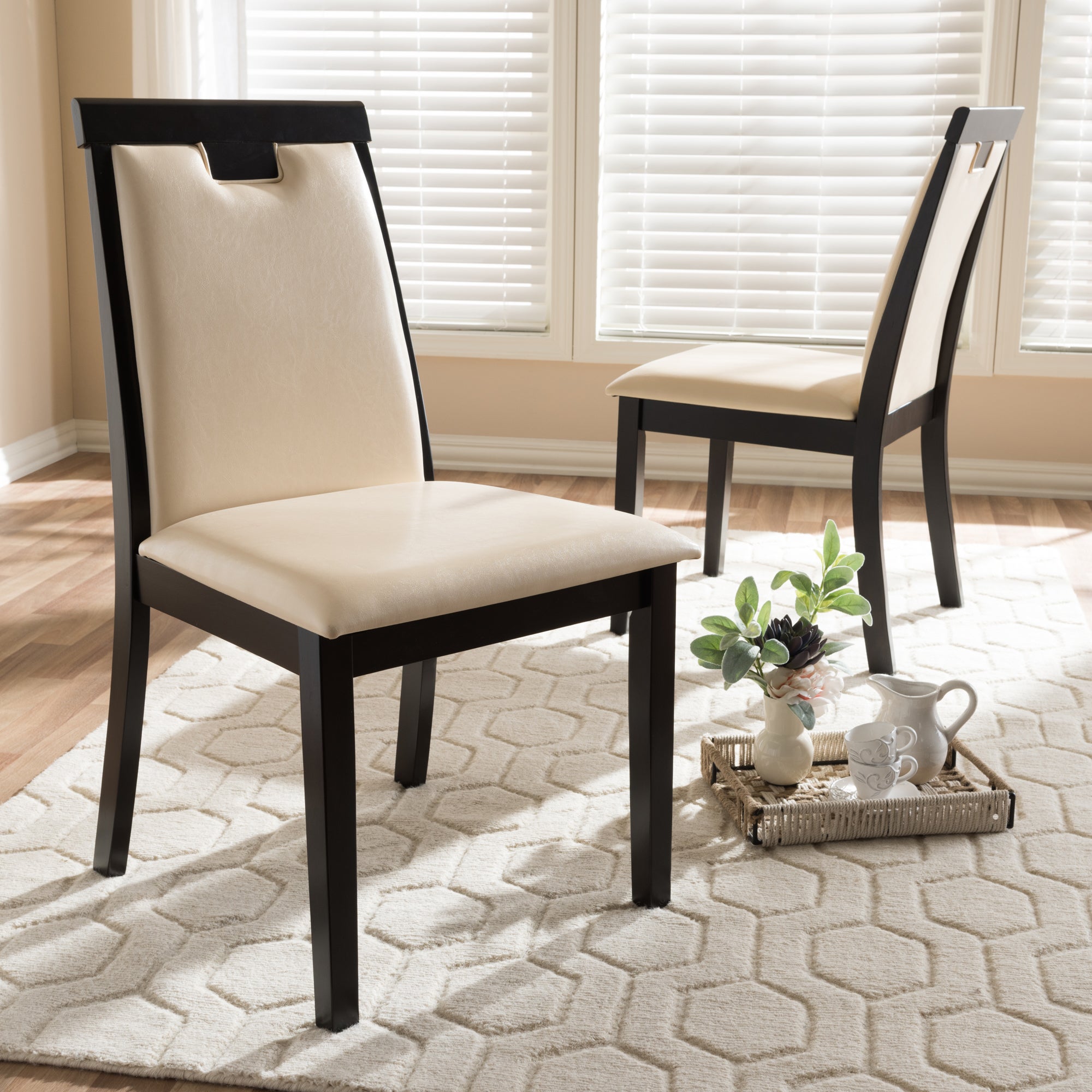 Baxton Studio Evelyn Modern and Contemporary Beige Faux Leather Upholstered and Dark Brown Finished Dining Chair Set of 2