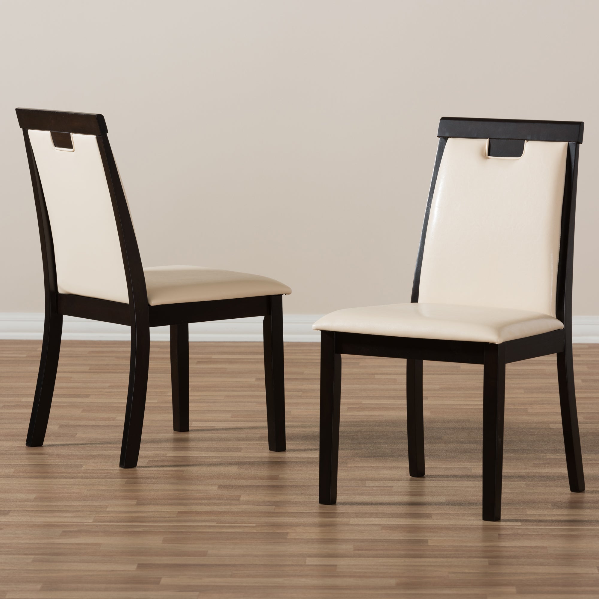 Baxton Studio Evelyn Modern and Contemporary Beige Faux Leather Upholstered and Dark Brown Finished Dining Chair Set of 2