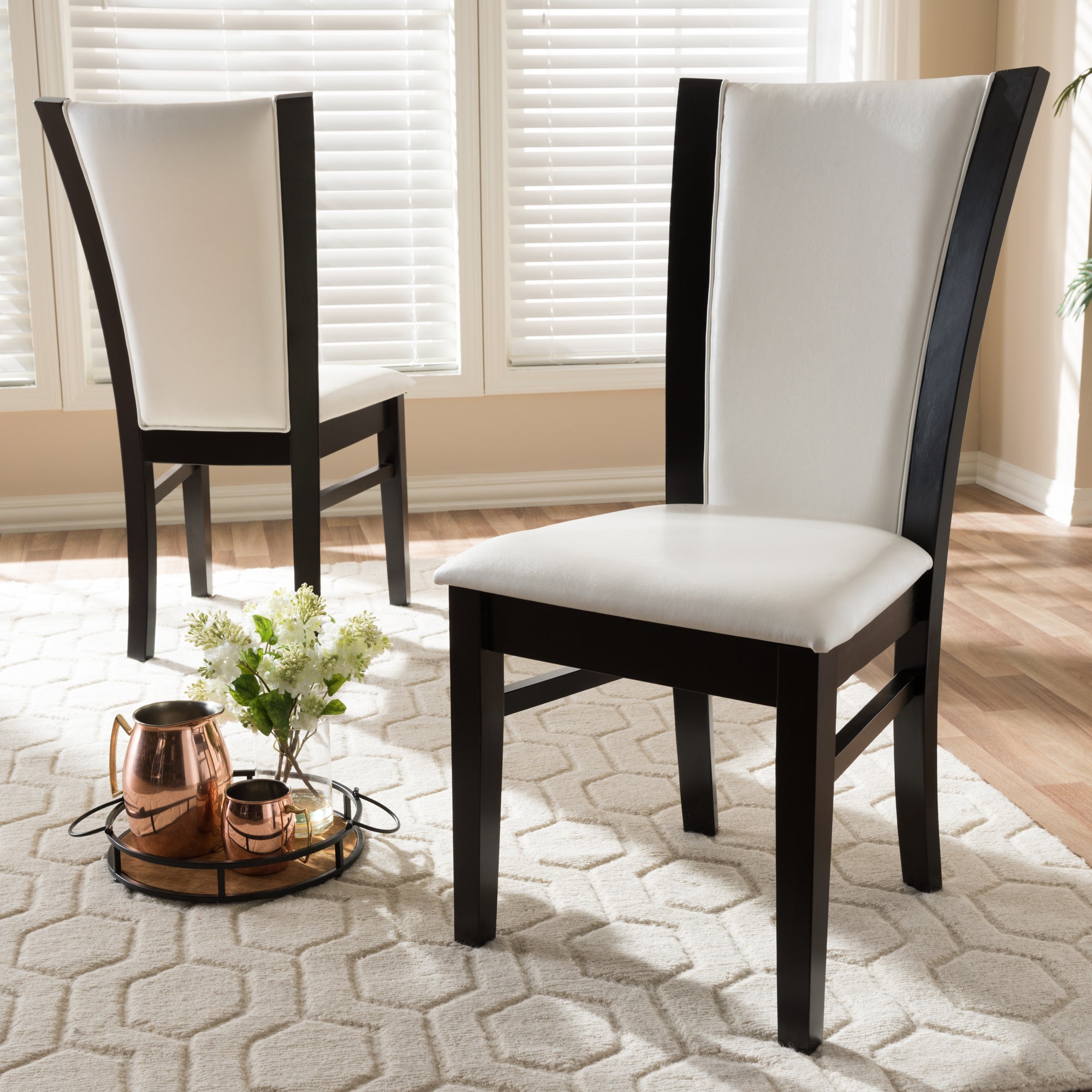 Baxton Studio Adley Modern and Contemporary Dark Brown Finished White Faux Leather Dining Chair Set of 2
