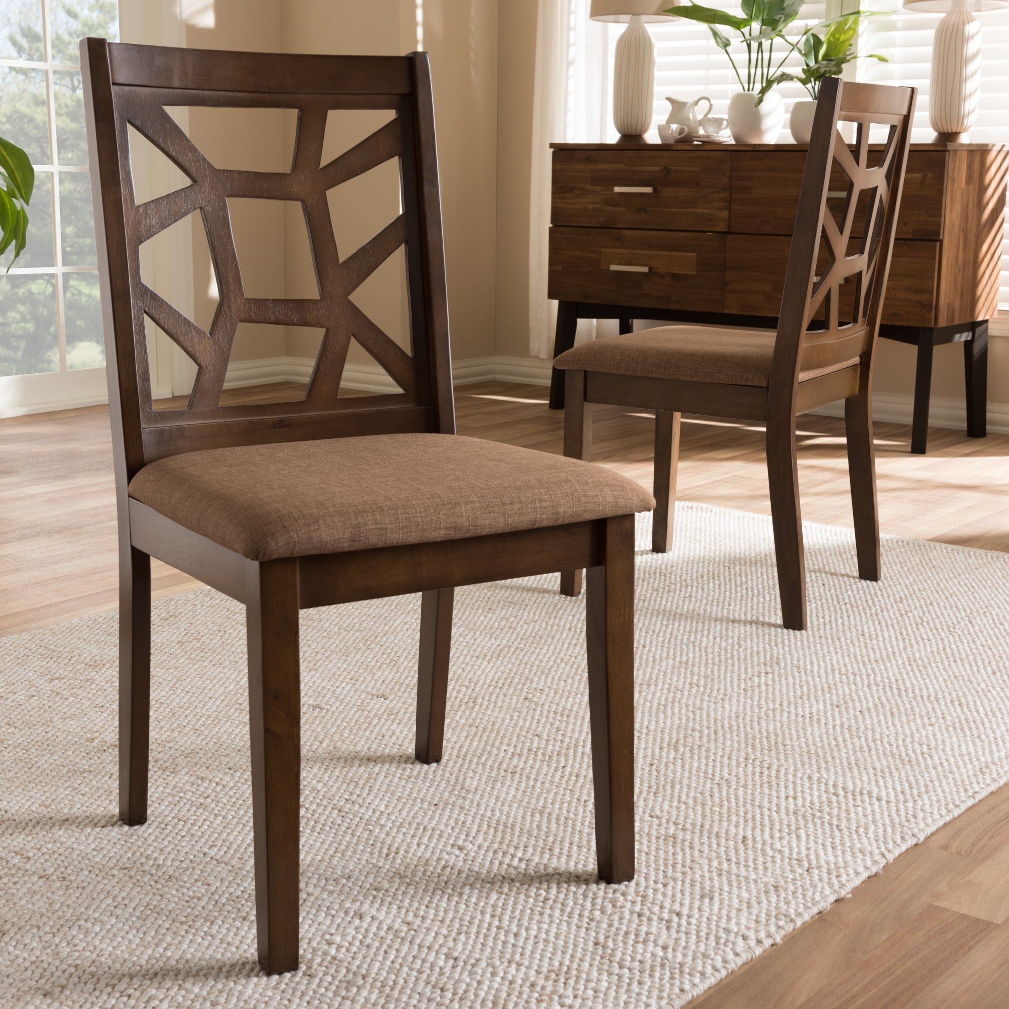 Baxton Studio Abilene Mid-Century Light Brown Fabric Upholstered and Walnut Brown Finished Dining Chair Set of 2
